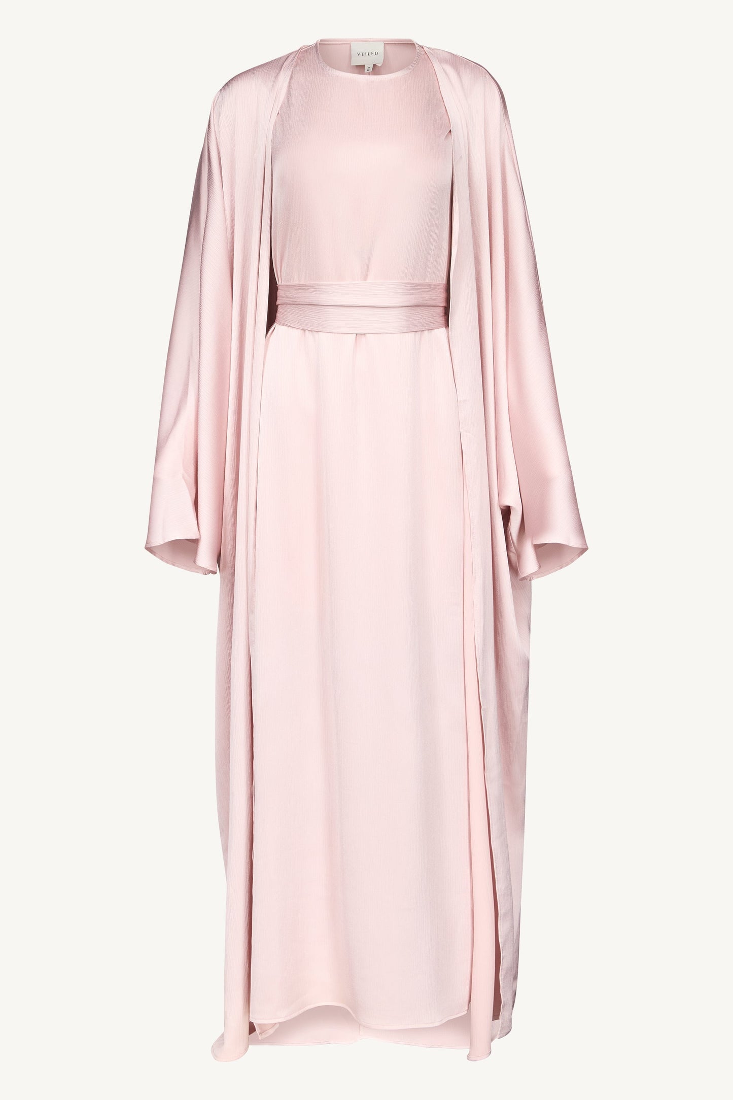 Ghada Satin Open Abaya & Dress Set - Pastel Pink