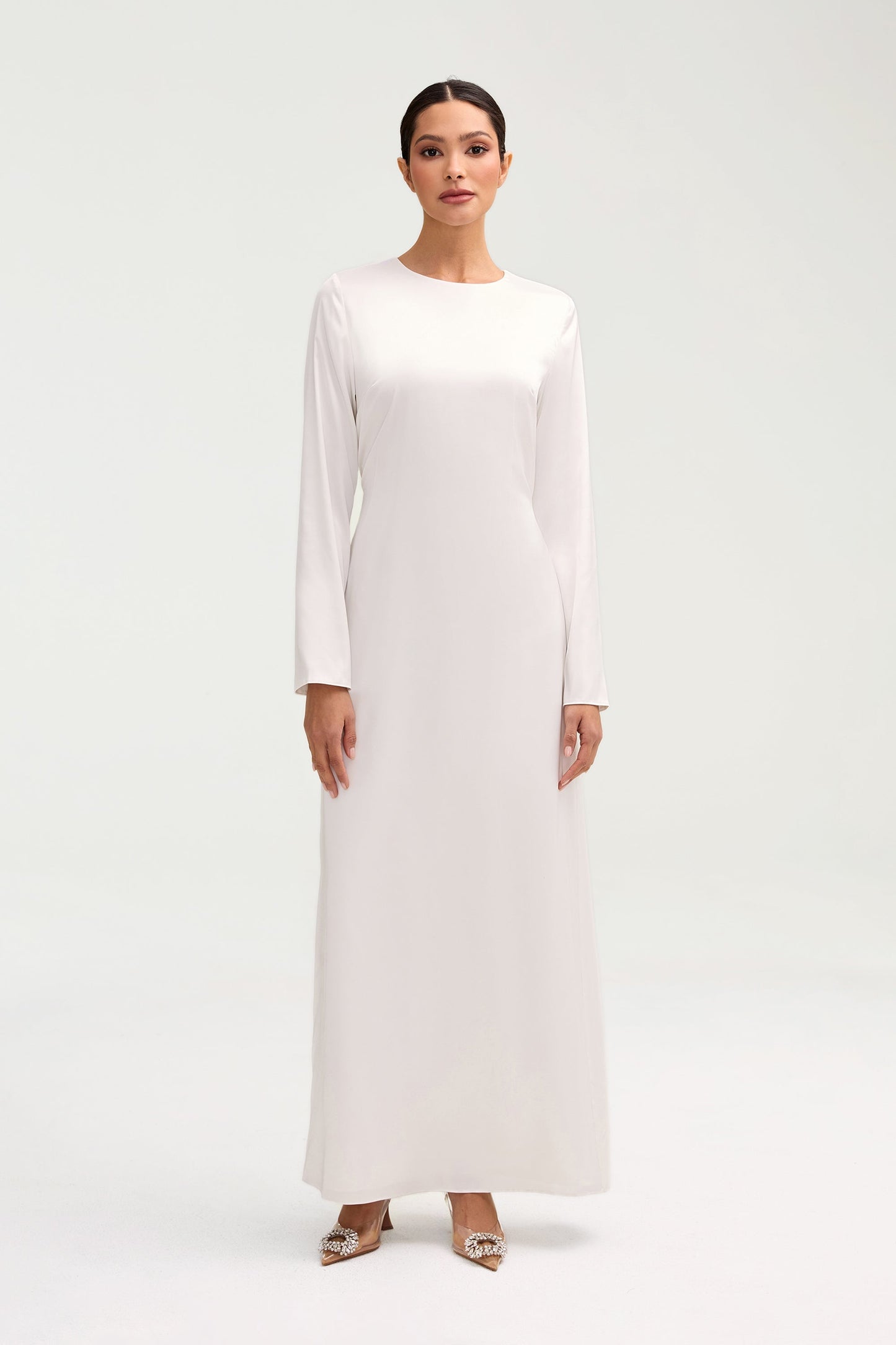 Naila Satin Crystal Maxi Dress - White
