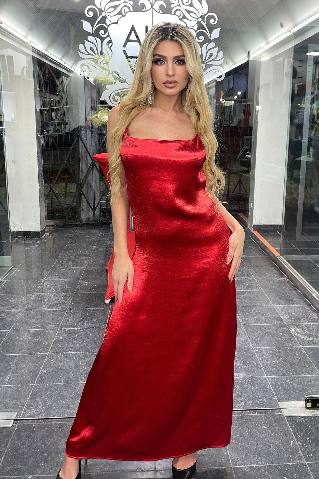 Satin Cowl Neck Maxi Dress - Red