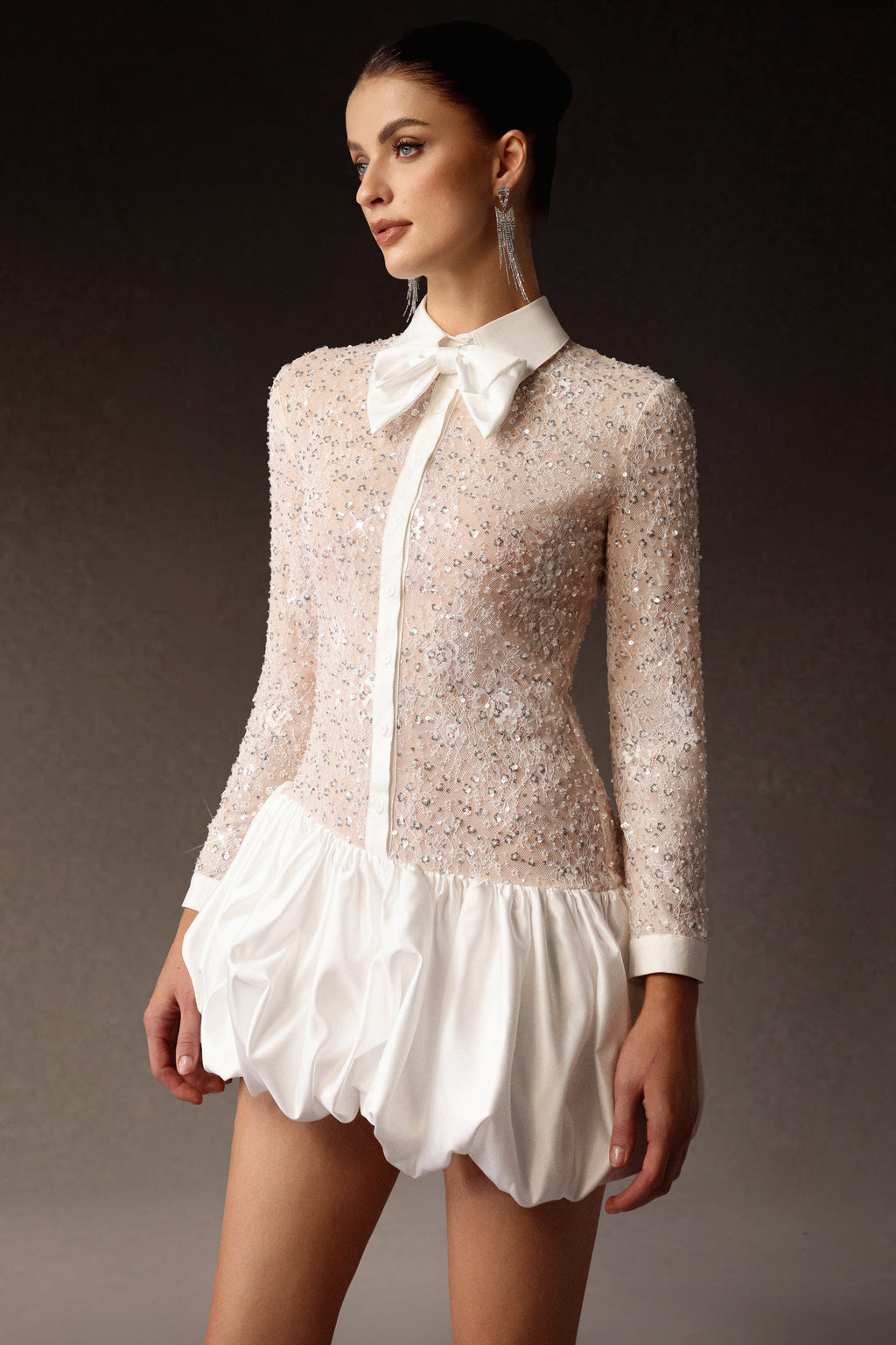 Theodora Long Sleeveless Embroidery Lace Sequin Puff Mini Dress	