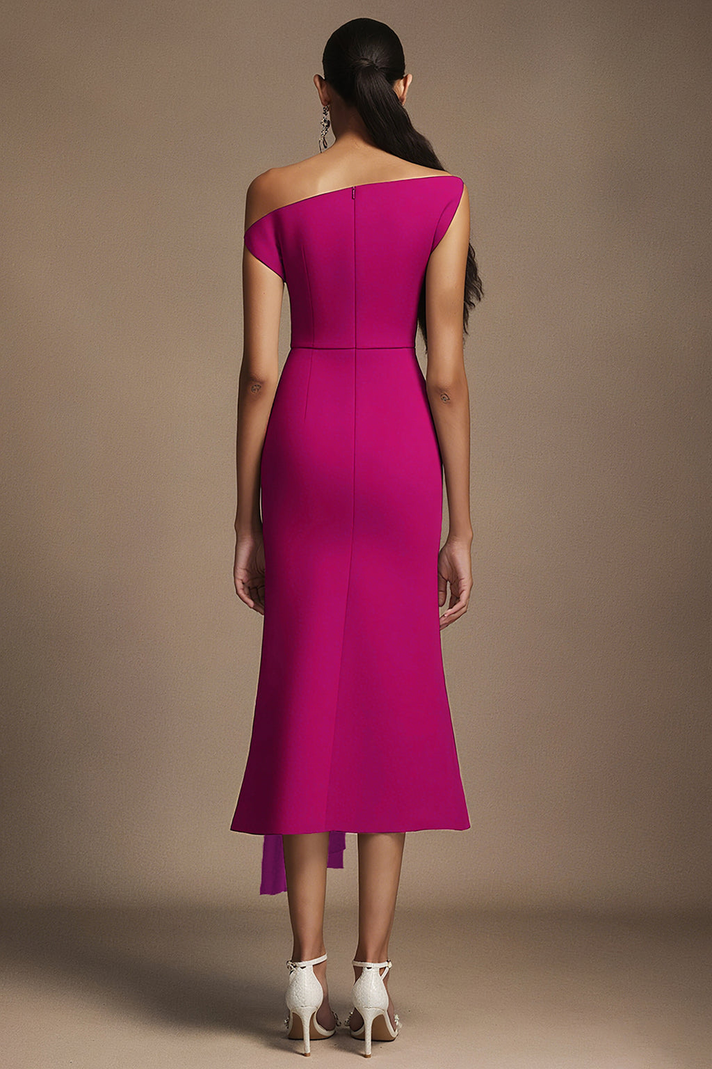 Paulina Oblique Shoulder Sleeveless Folds RosePink Midi Dress	