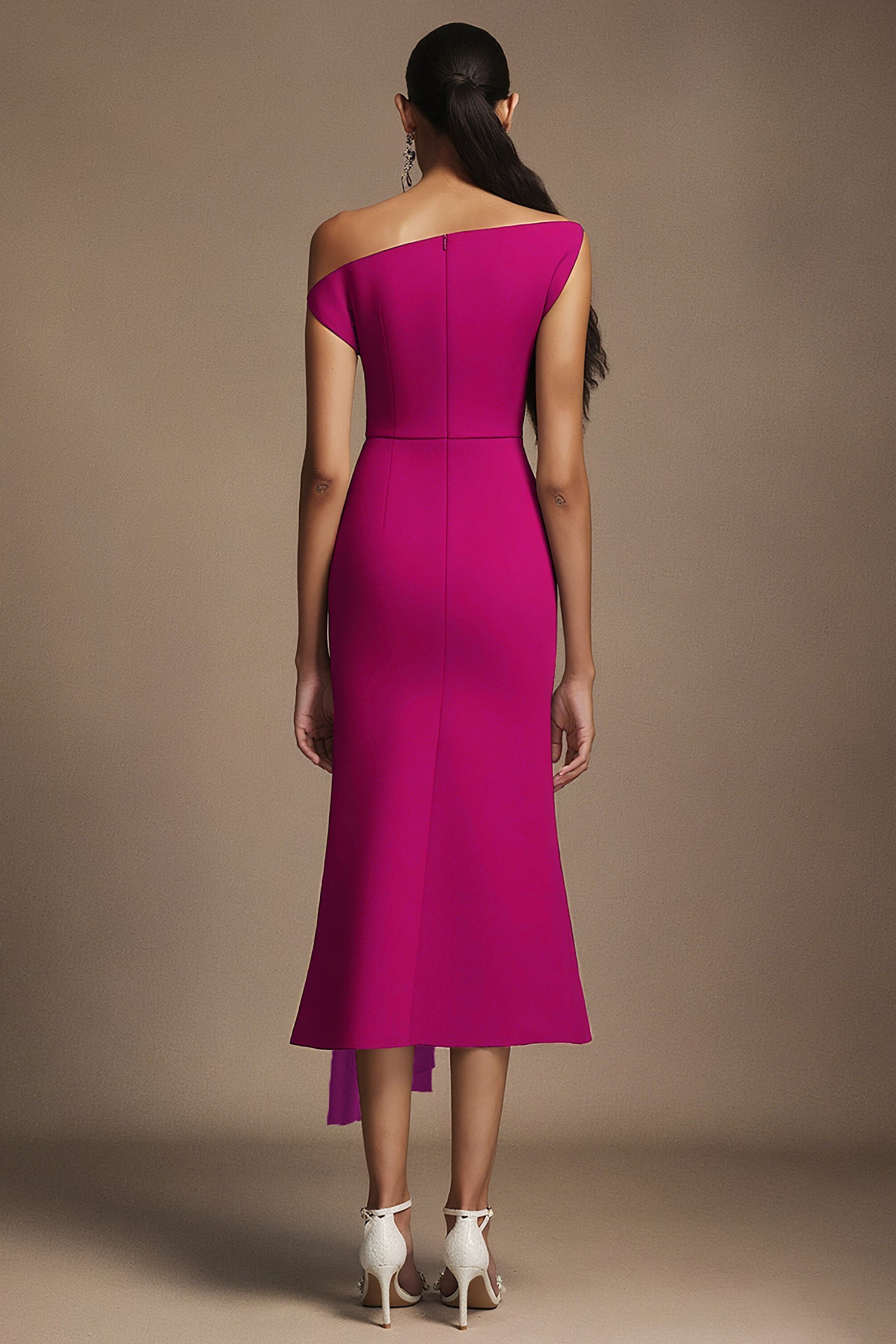 Paulina Oblique Shoulder Sleeveless Folds RosePink Midi Dress	