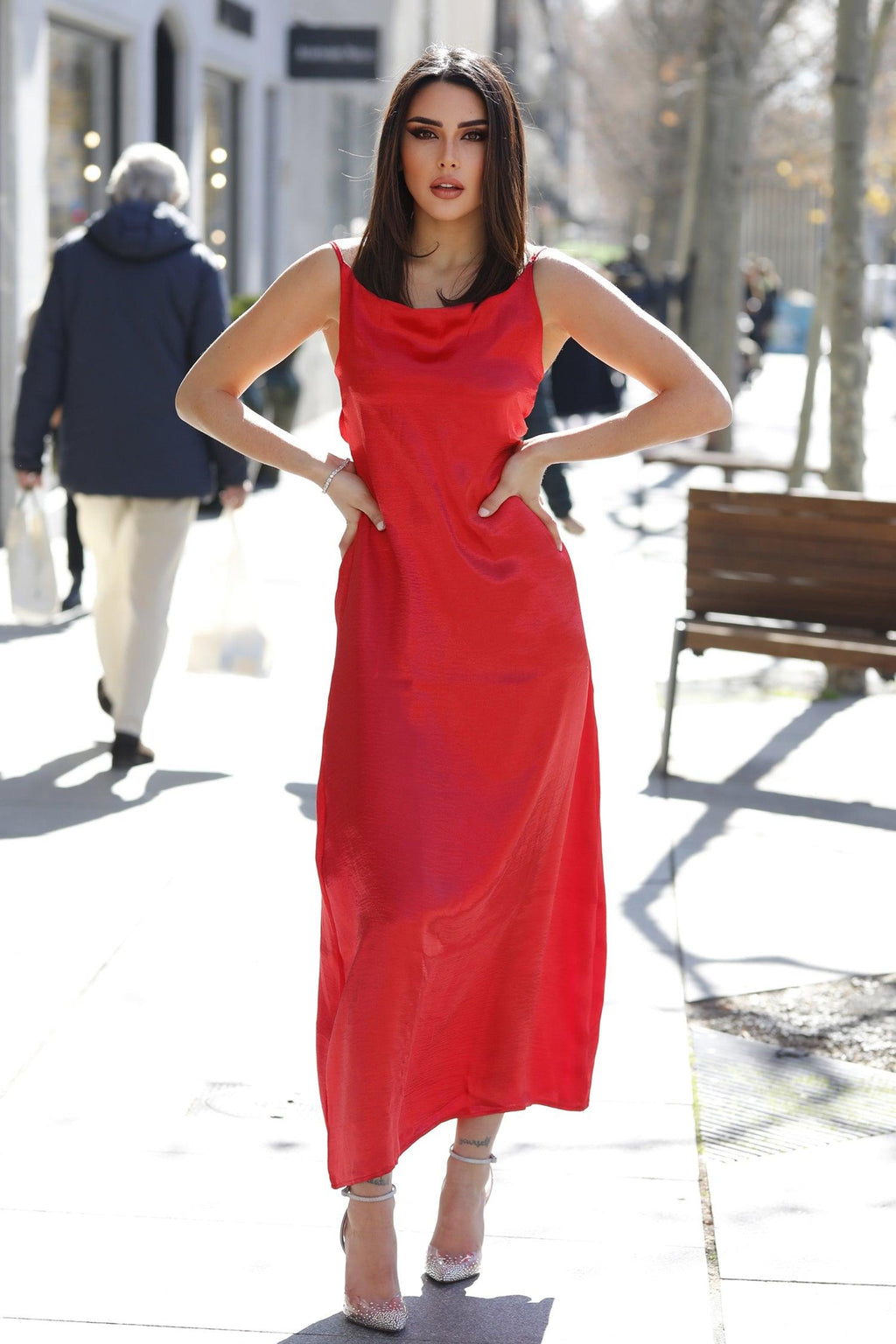 Strap Drape Satin Maxi Dress - Wine