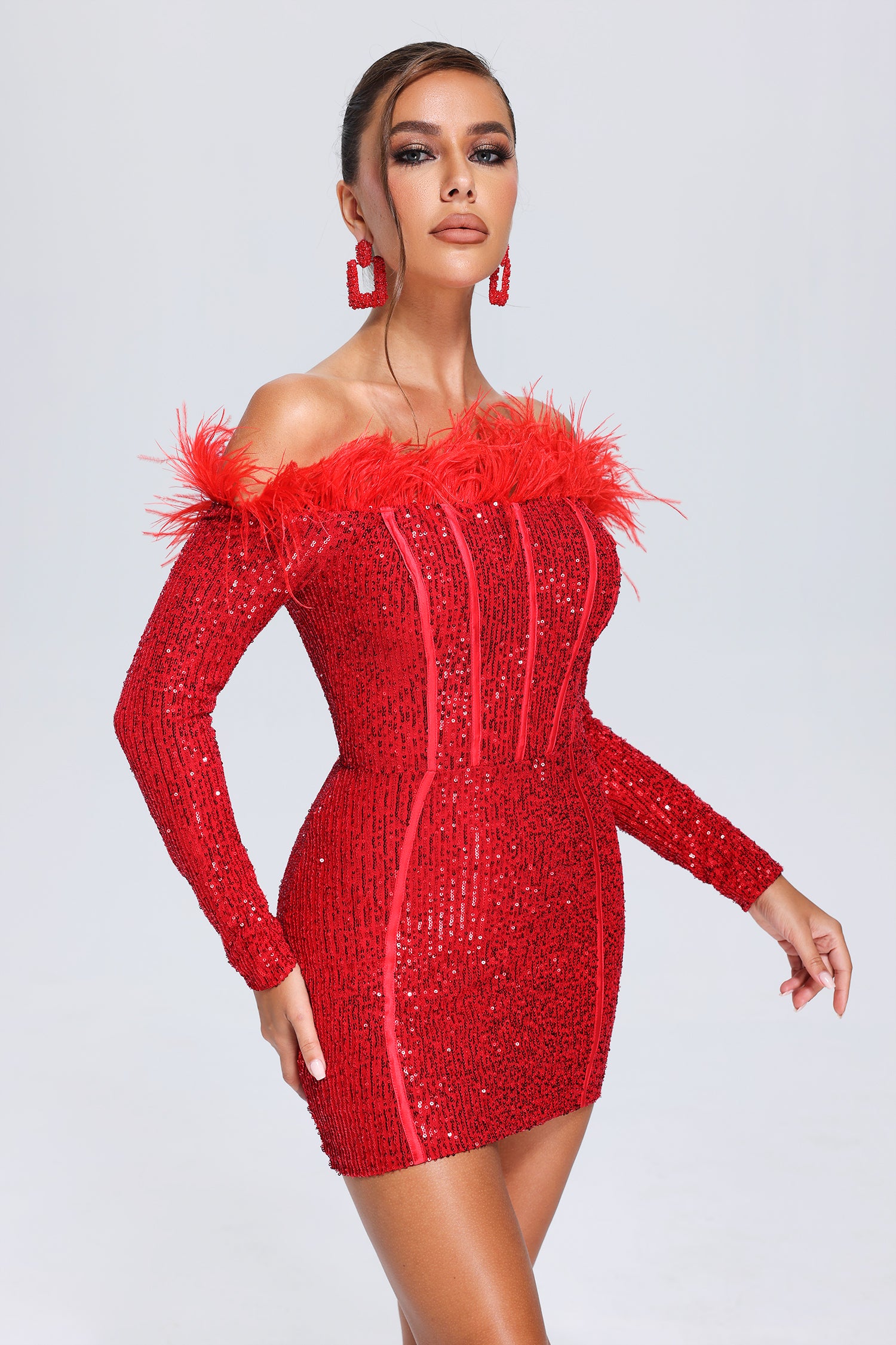 Wooh Feather Sequin Mini Dress - Red	
