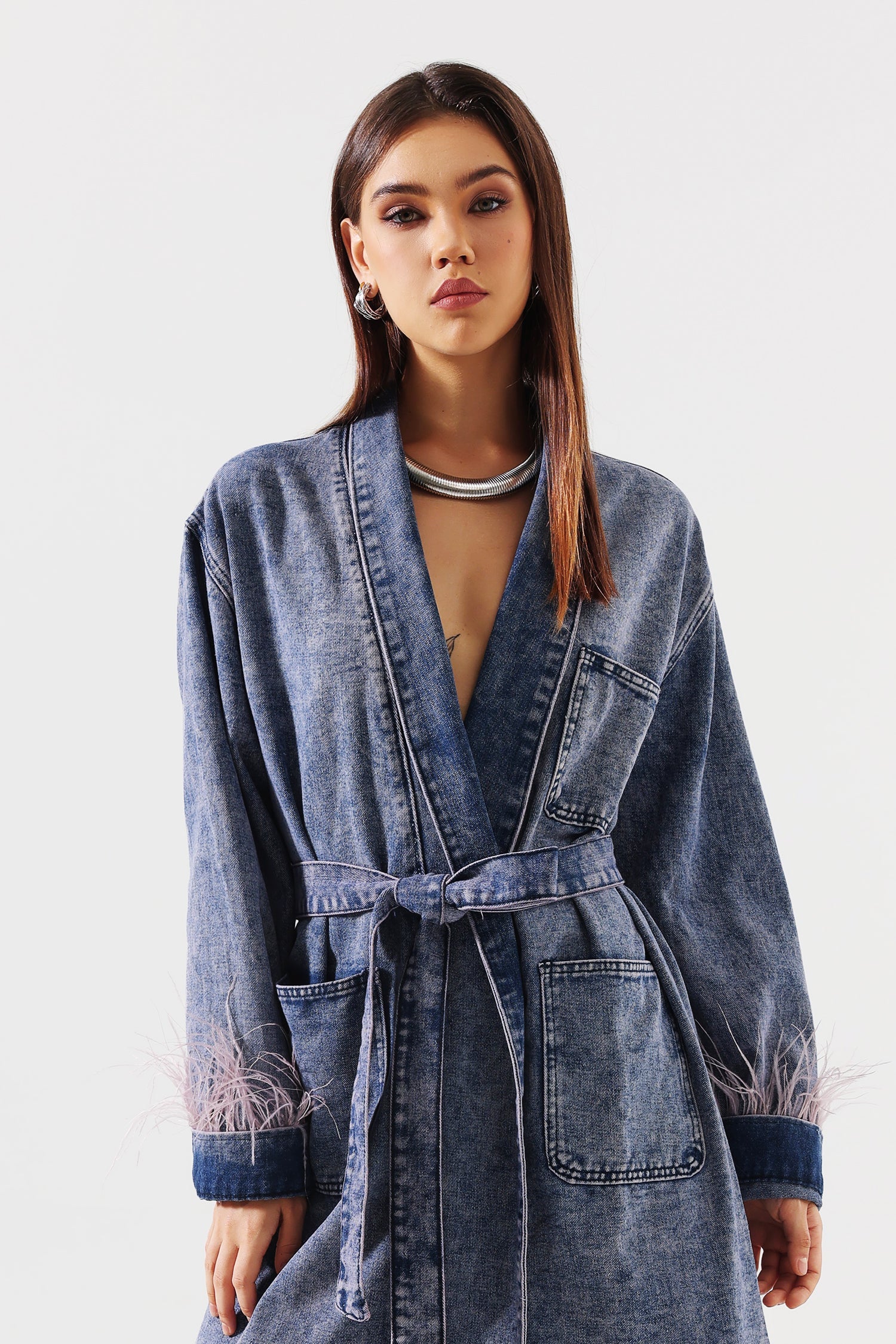Lavender Feather Denim Coat	