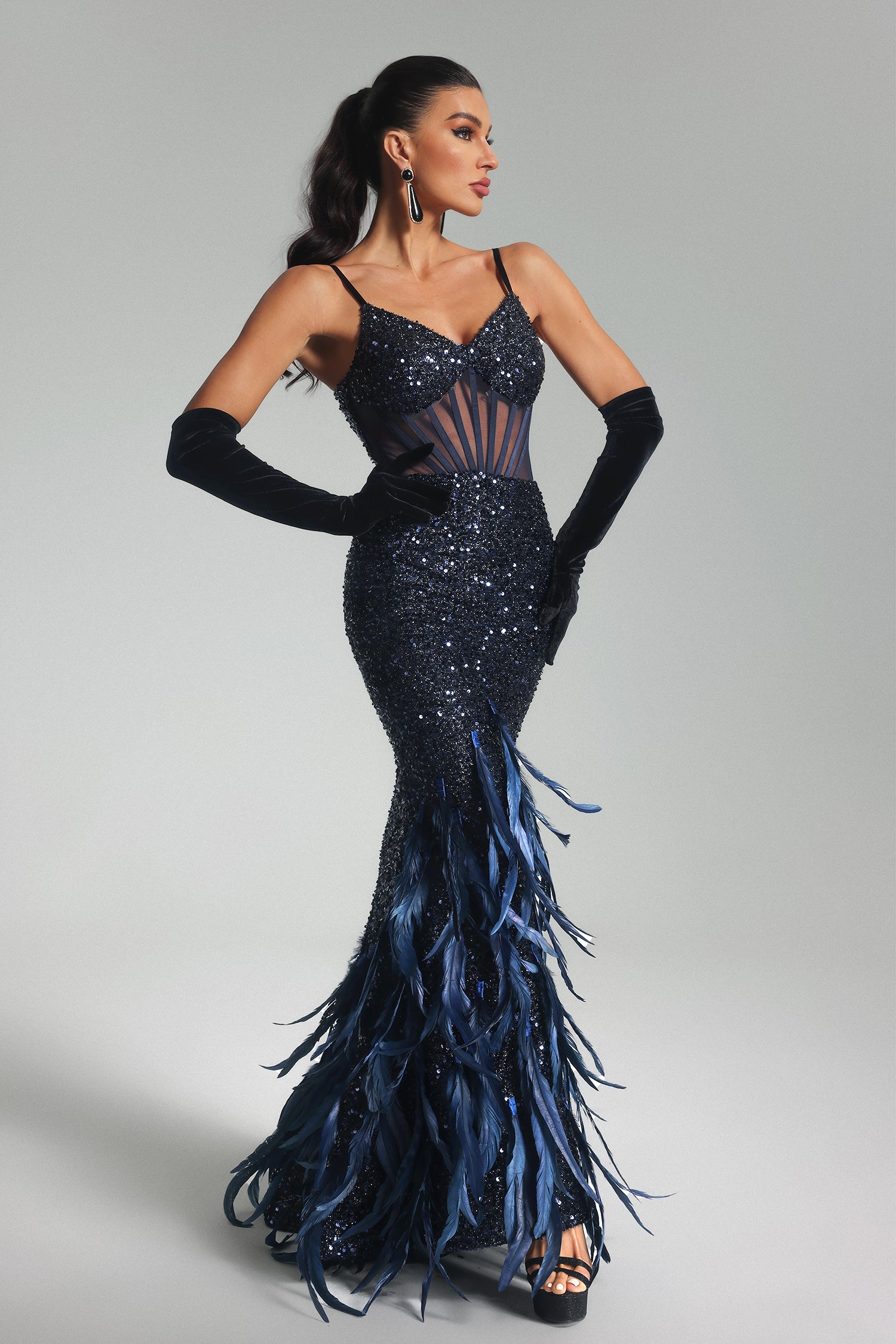 Sarah Sequin Feather Maxi Dress	