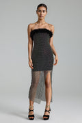 Perly Diamante Feather Mesh Midi Dress	