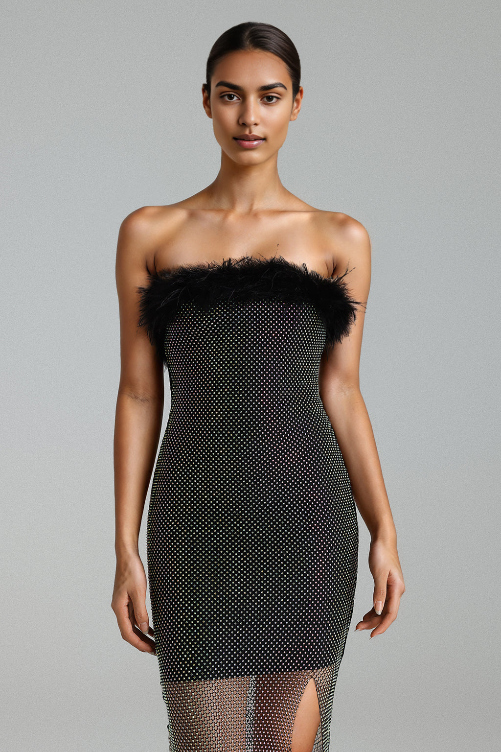Perly Diamante Feather Mesh Midi Dress	
