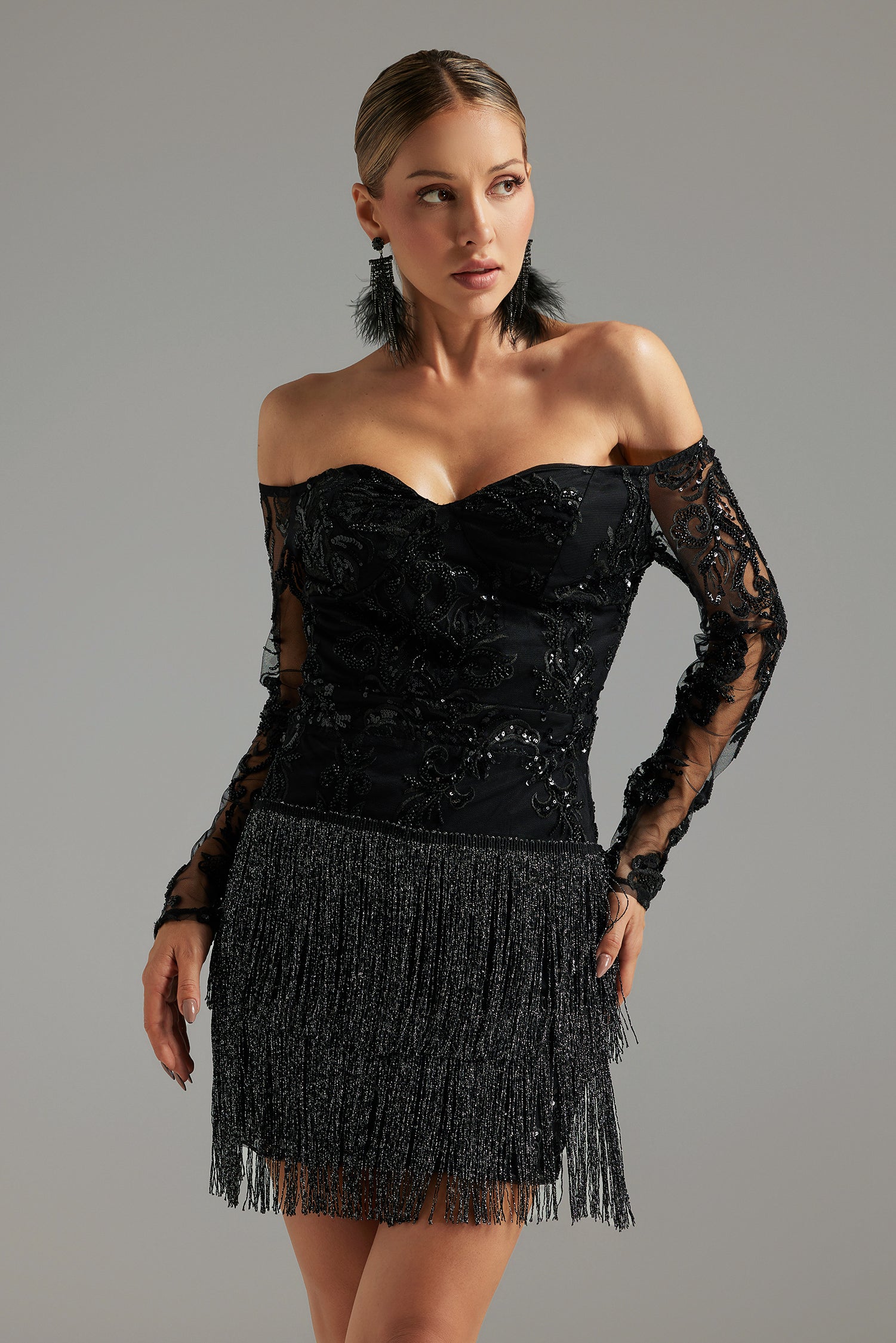 Ludia Lace Sequins Off Shoulder Fringe Mini Dress	