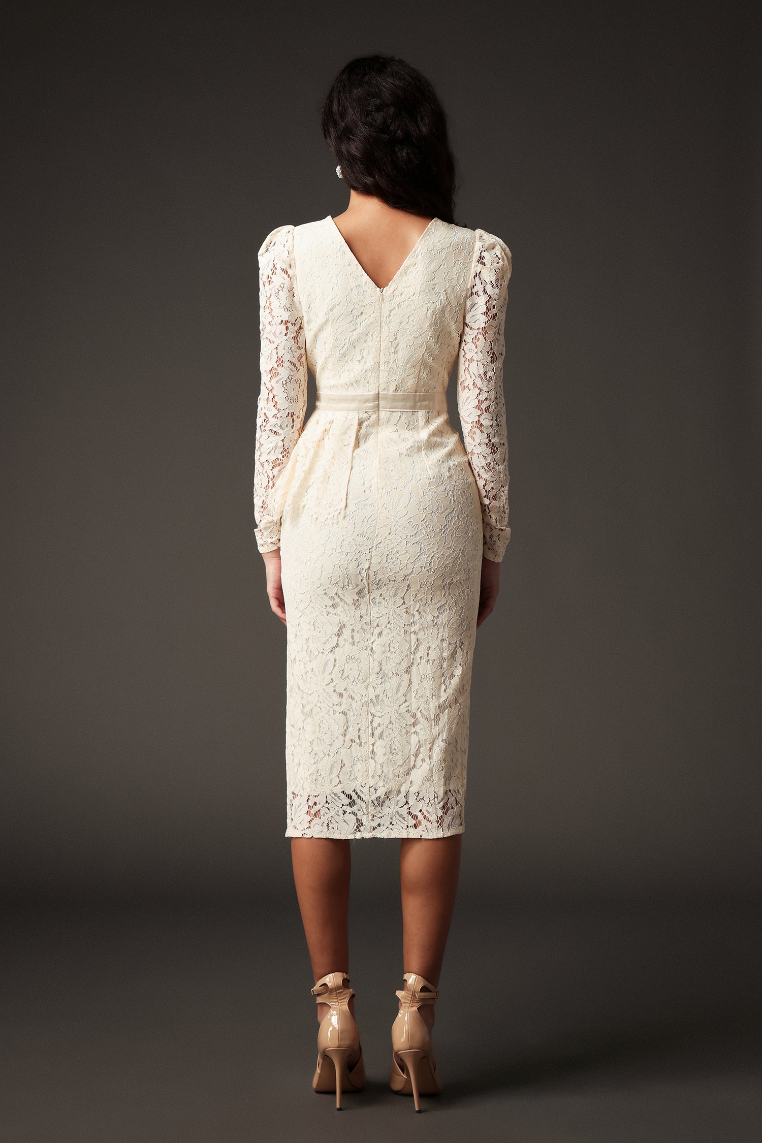 Elsa V-Neck Lace Long Sleeves High Slit Midi Dress	