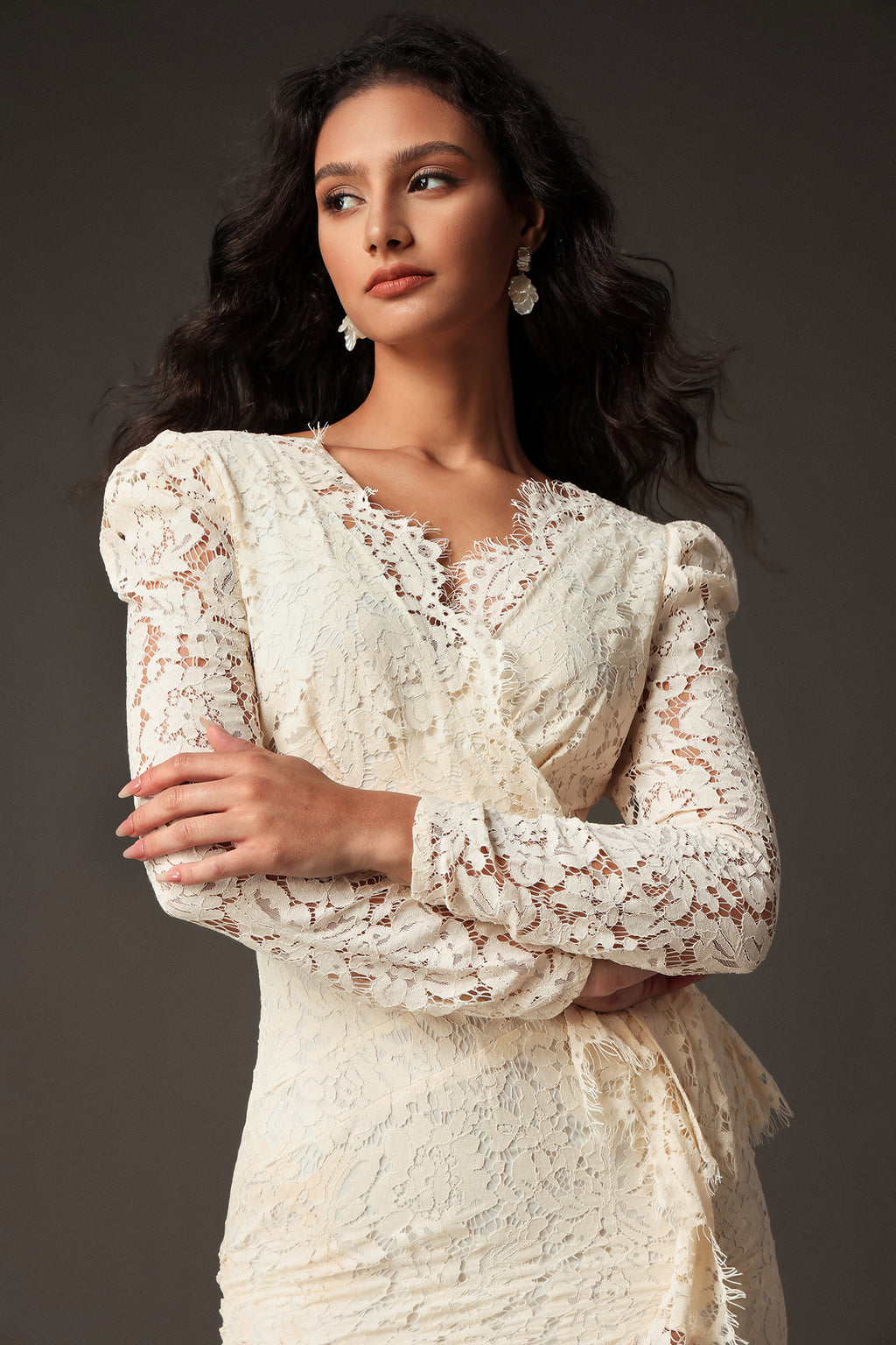 Elsa V-Neck Lace Long Sleeves High Slit Midi Dress	