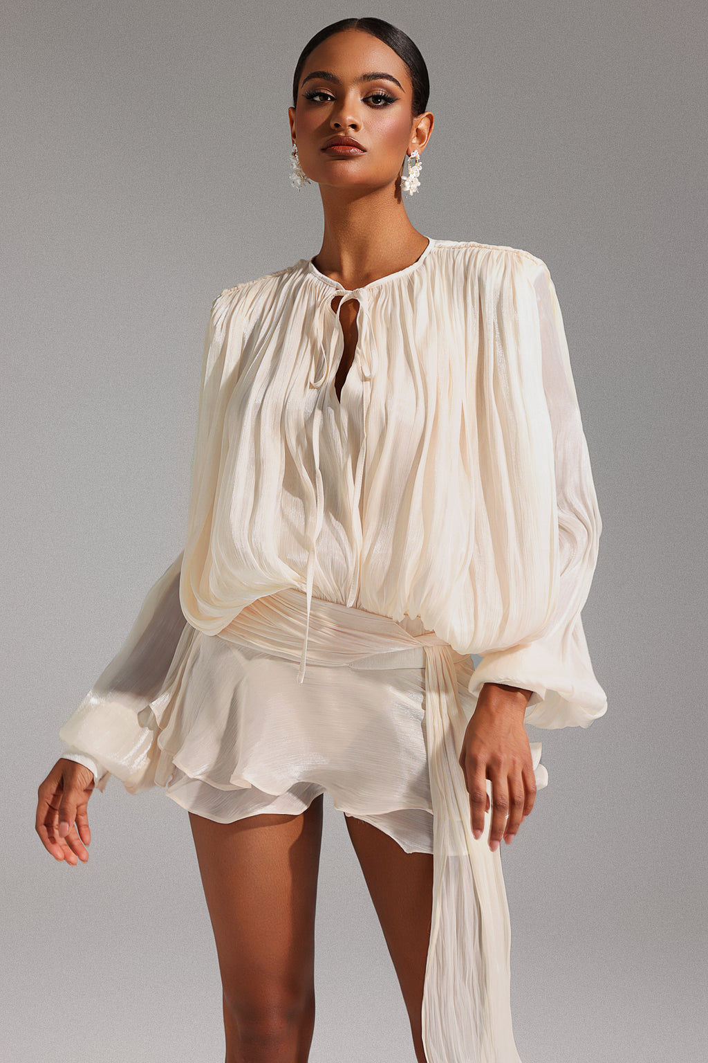 Dekia Long Sleeve Hollow Out Flounce Mini Dress	