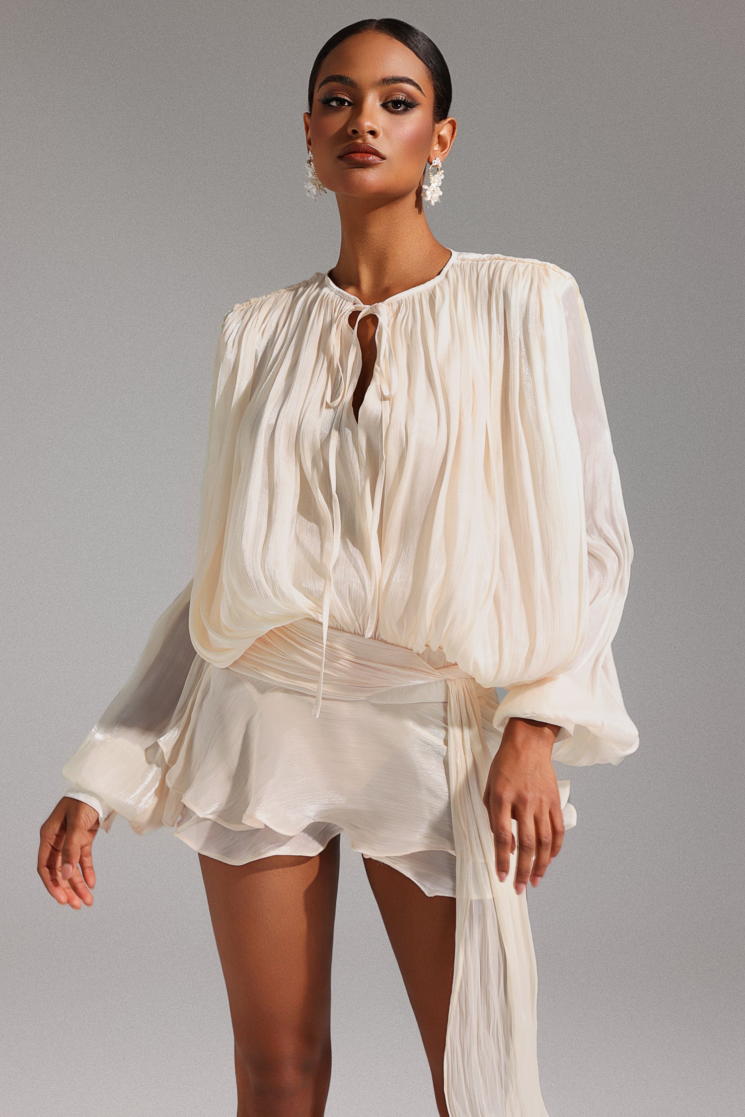 Dekia Long Sleeve Hollow Out Flounce Mini Dress	