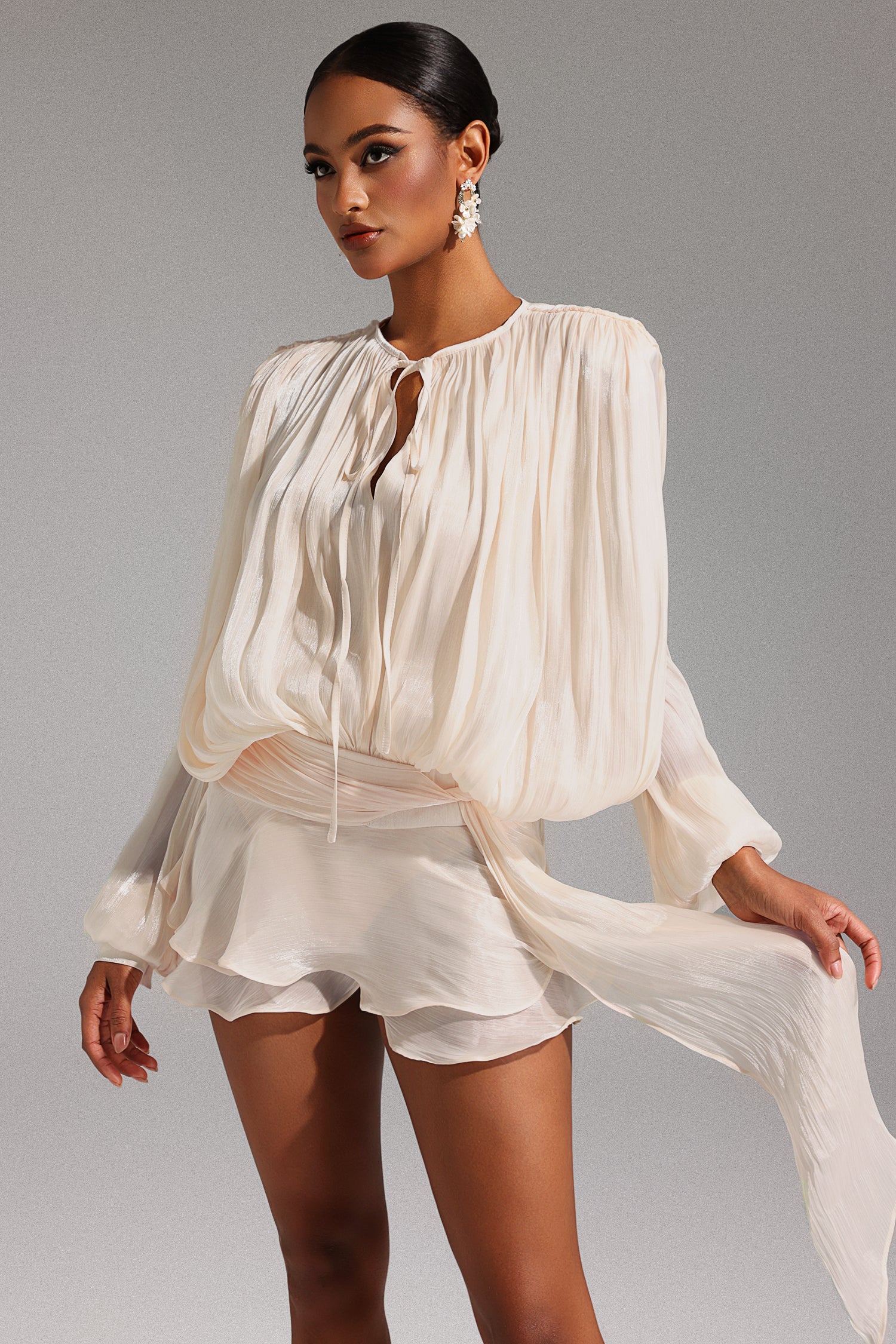 Dekia Long Sleeve Hollow Out Flounce Mini Dress	