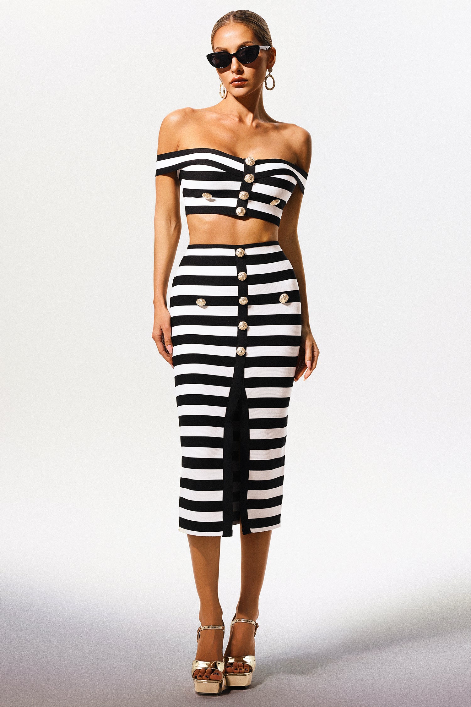 Martha Off-the-Shoulder Hollow Out Slit Bandage Midi Two-Piece Set	