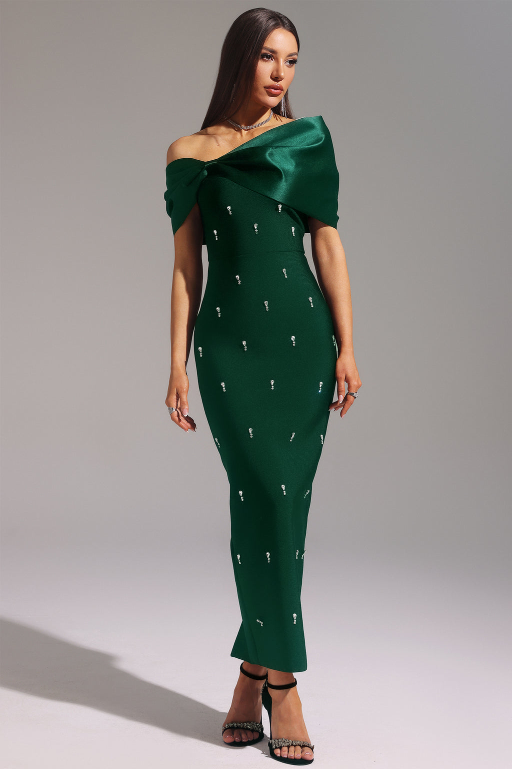 Palez Sleeveless One Shoulder Diamond Bow Bandage Maxi Dress	