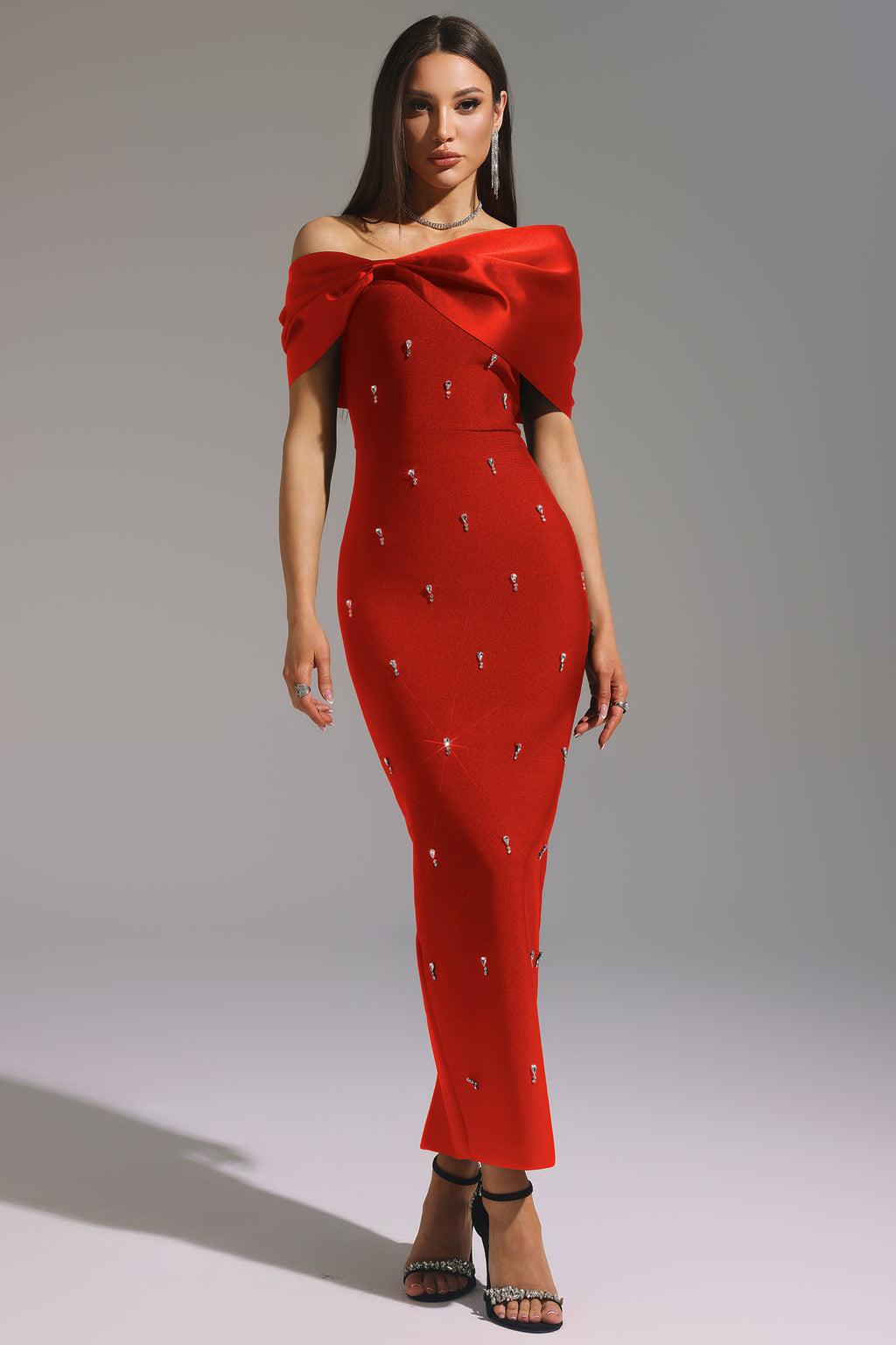 Palez Sleeveless One Shoulder Diamond Bow Bandage Maxi Dress	