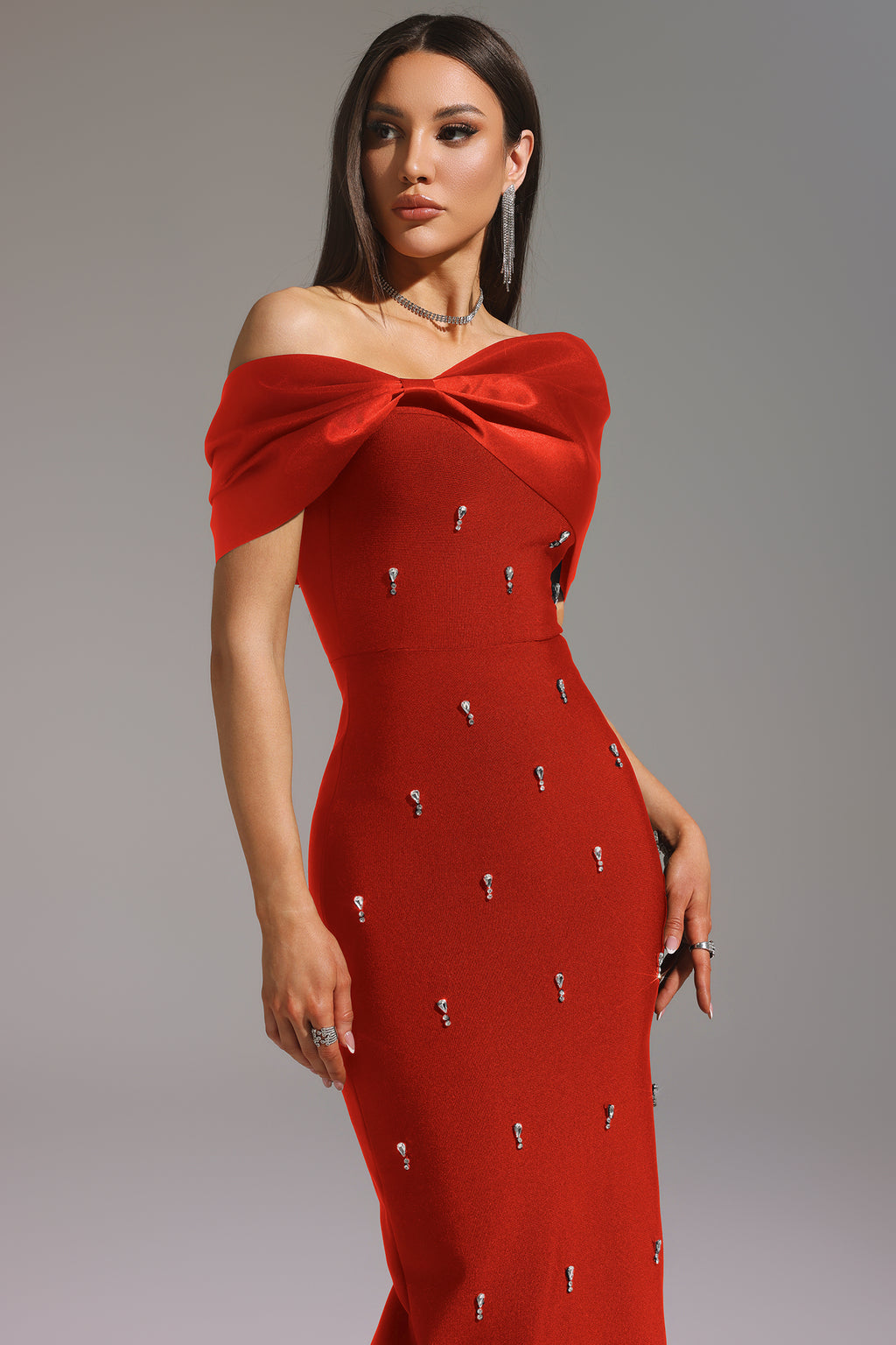 Palez Sleeveless One Shoulder Diamond Bow Bandage Maxi Dress	
