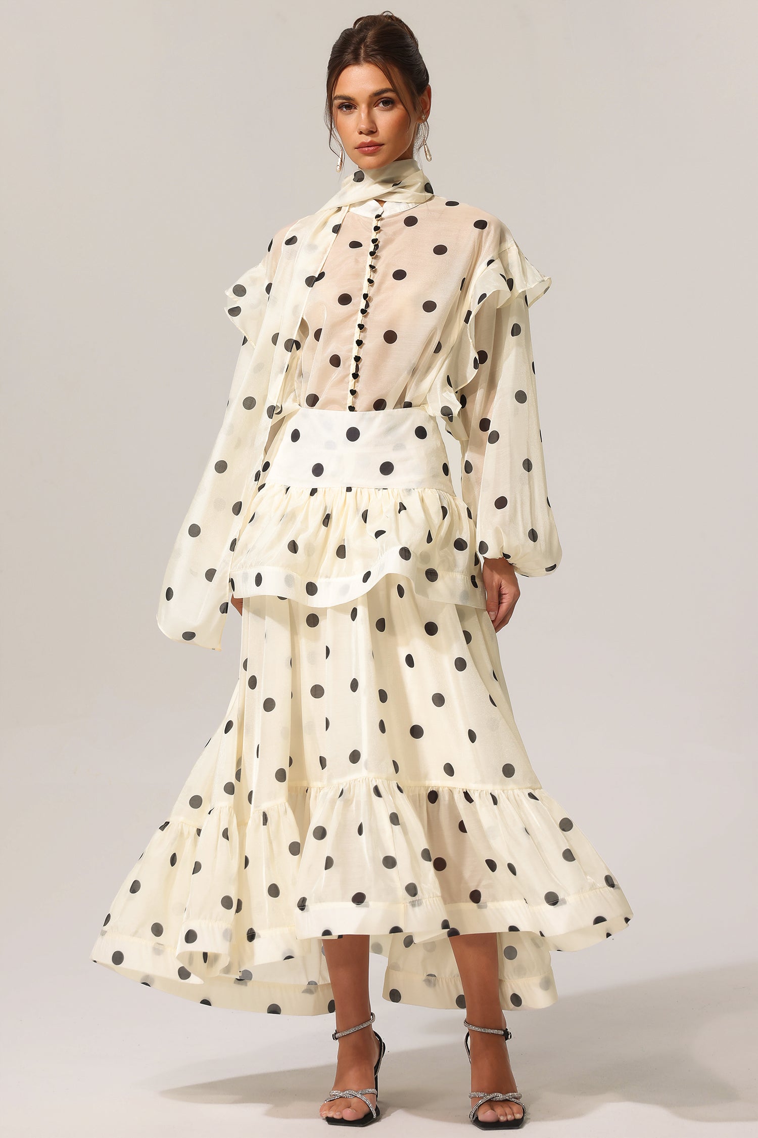 Rode Dot Printed Folds Long Sleeves Top And Skirt Two-Piece Set	