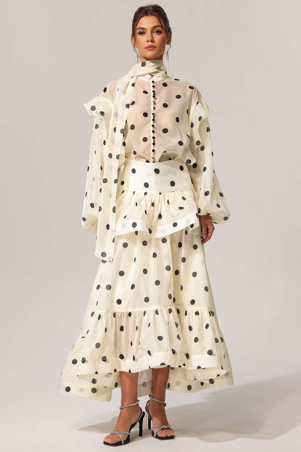 Rode Dot Printed Folds Long Sleeves Top And Skirt Two-Piece Set	