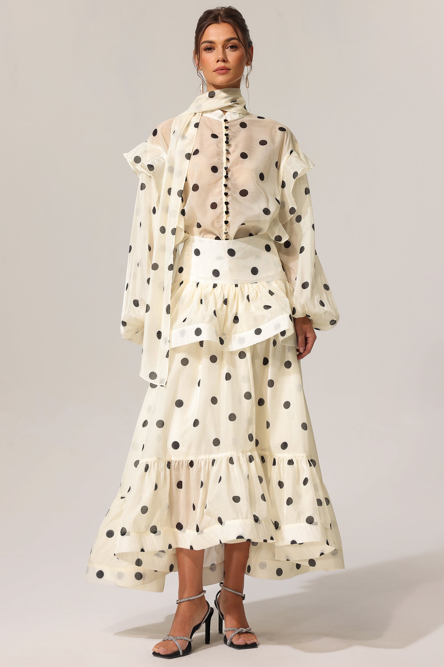 Rode Dot Printed Folds Long Sleeves Top And Skirt Two-Piece Set	