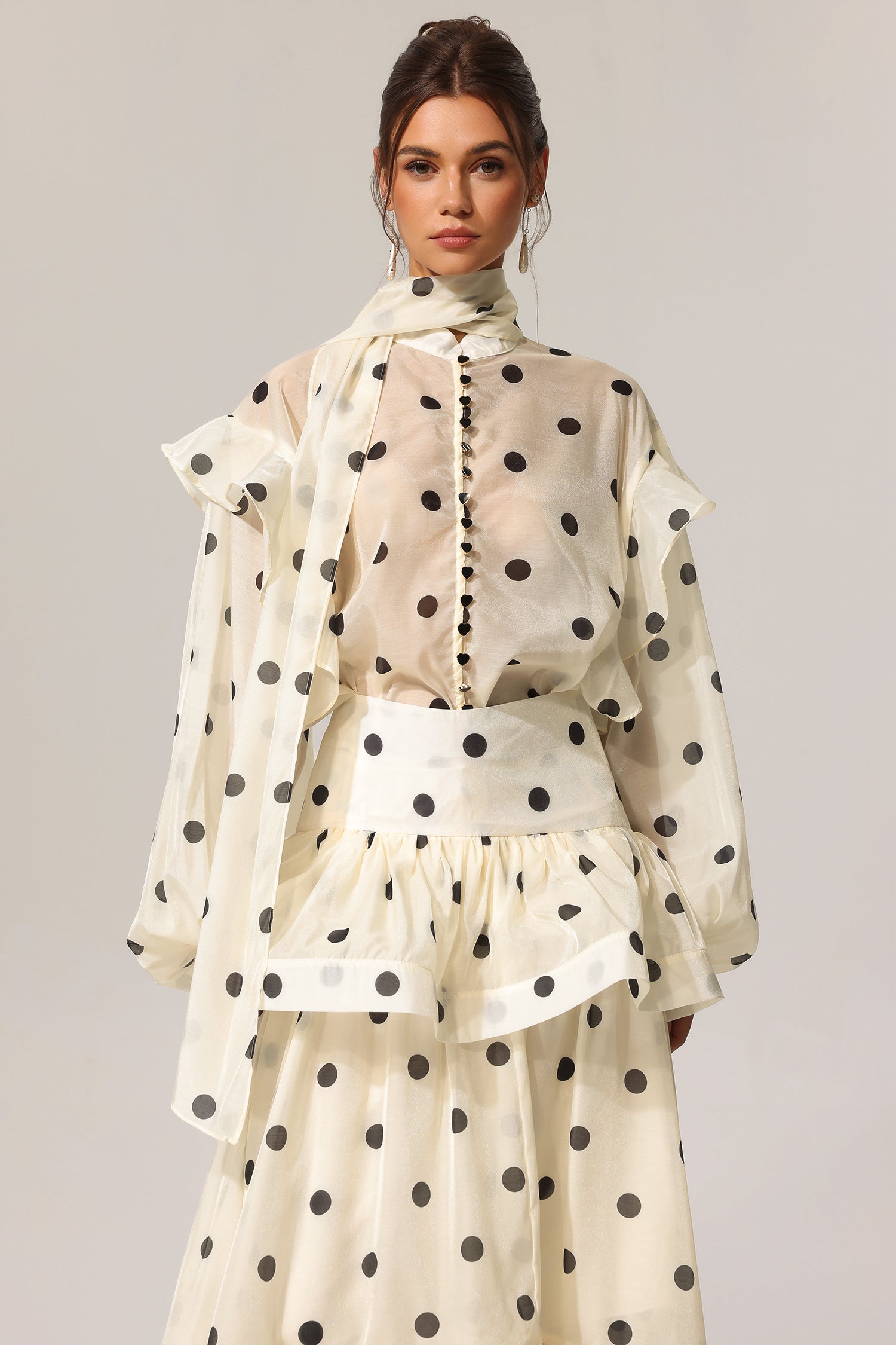 Rode Dot Printed Folds Long Sleeves Top And Skirt Two-Piece Set	