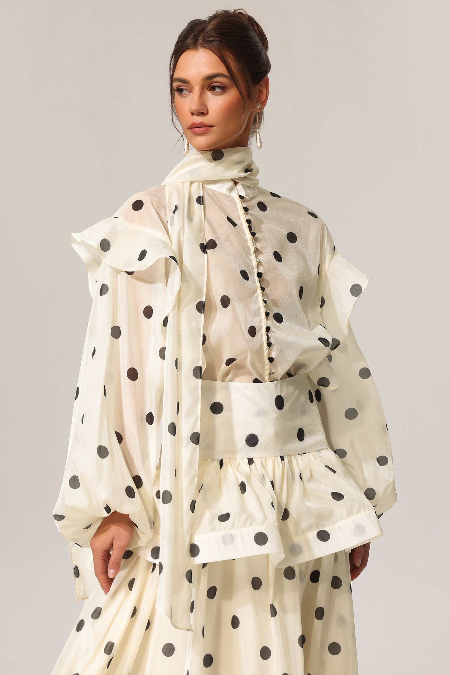 Rode Dot Printed Folds Long Sleeves Top And Skirt Two-Piece Set	