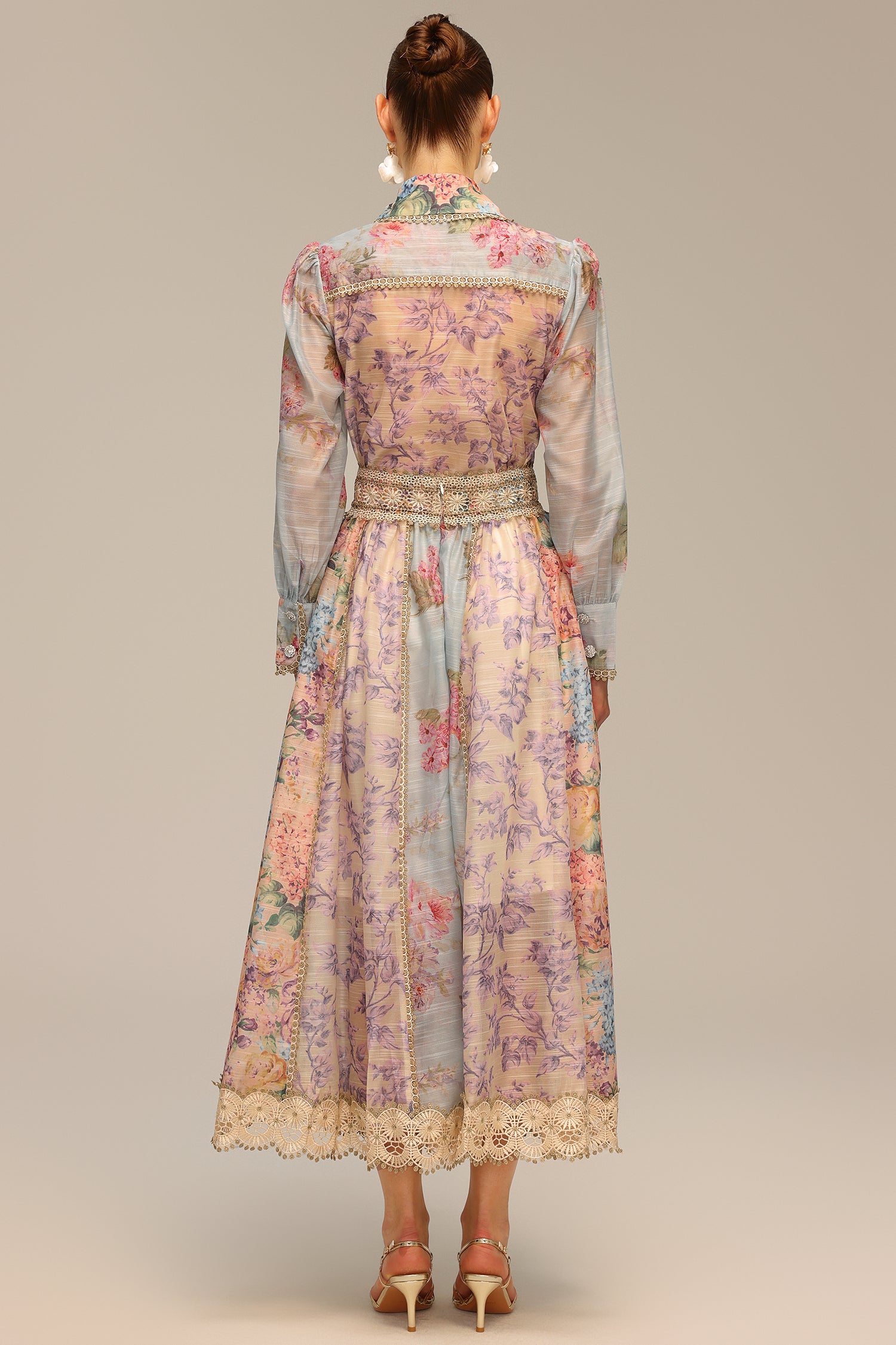 Ruby Long Sleeve Floral Printed Lace Top And Skirt Two-Piece Set	