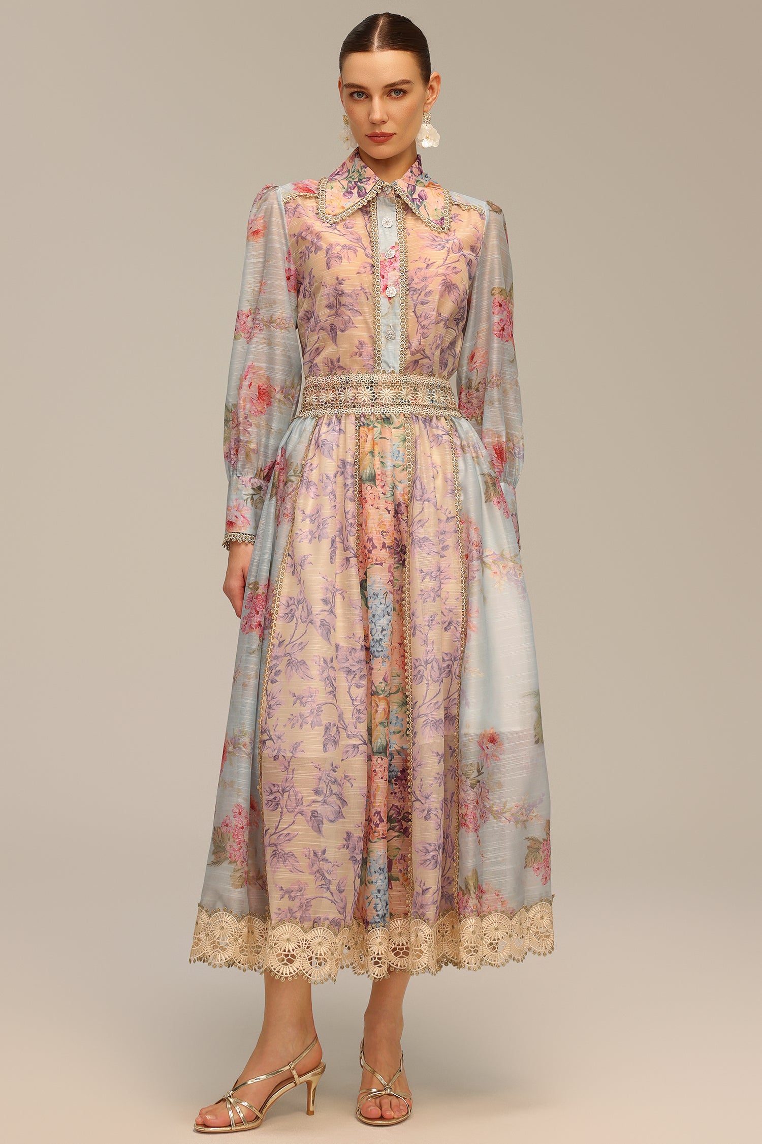 Ruby Long Sleeve Floral Printed Lace Top And Skirt Two-Piece Set	