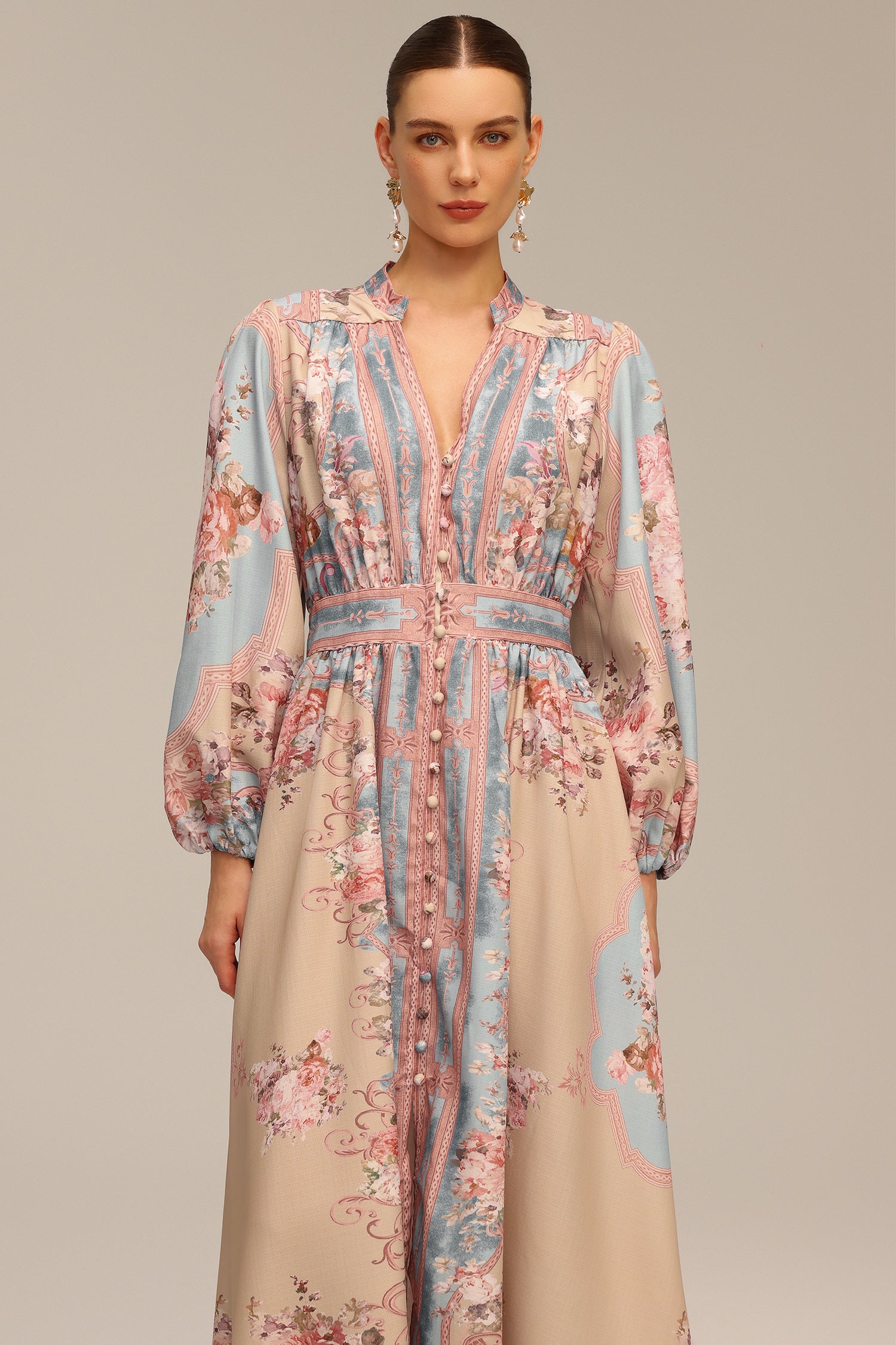 Dorte Long Sleeve Floral Printed Maxi Dress	