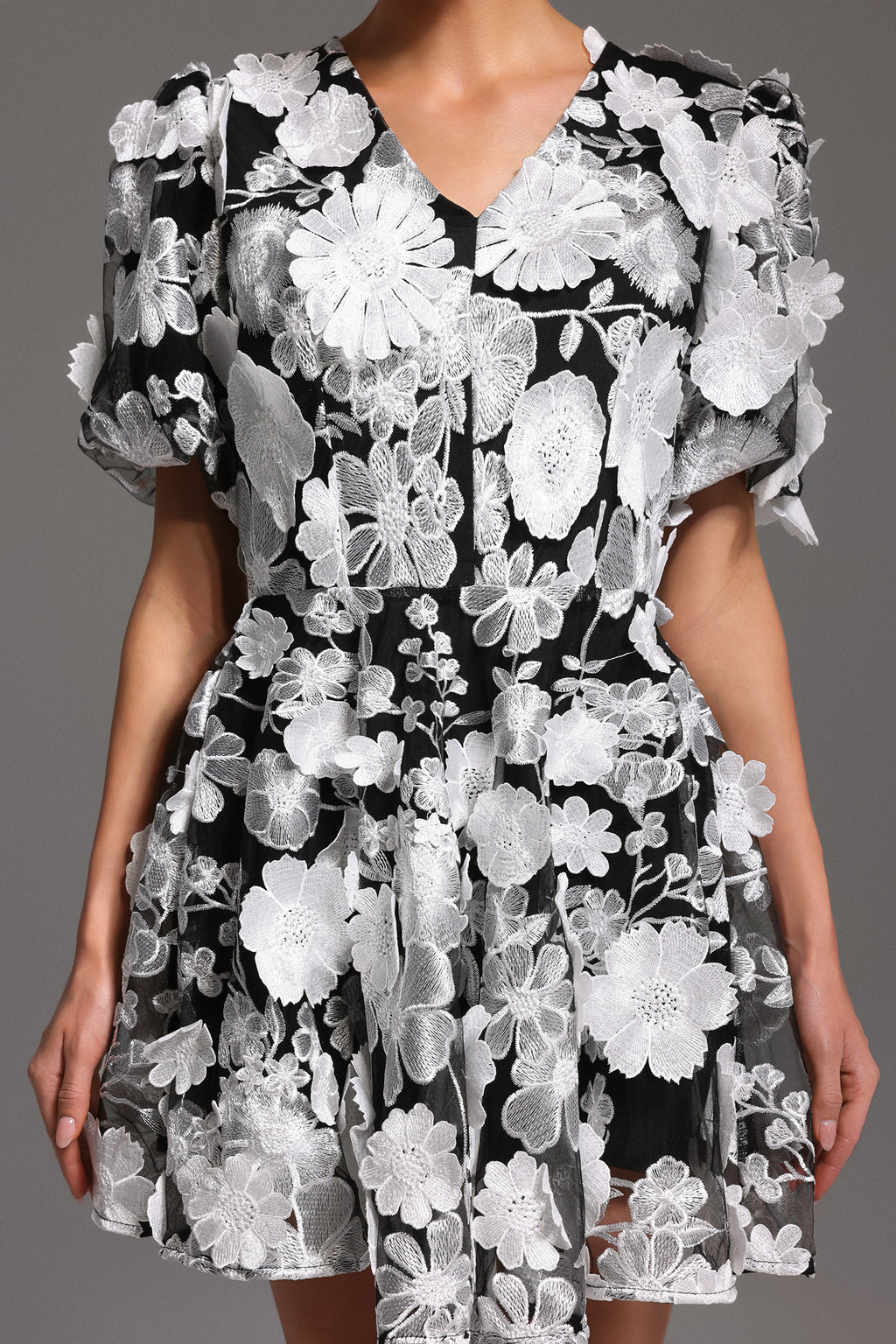Laly Short Sleeve V-Neck Flowers Mini Dress	
