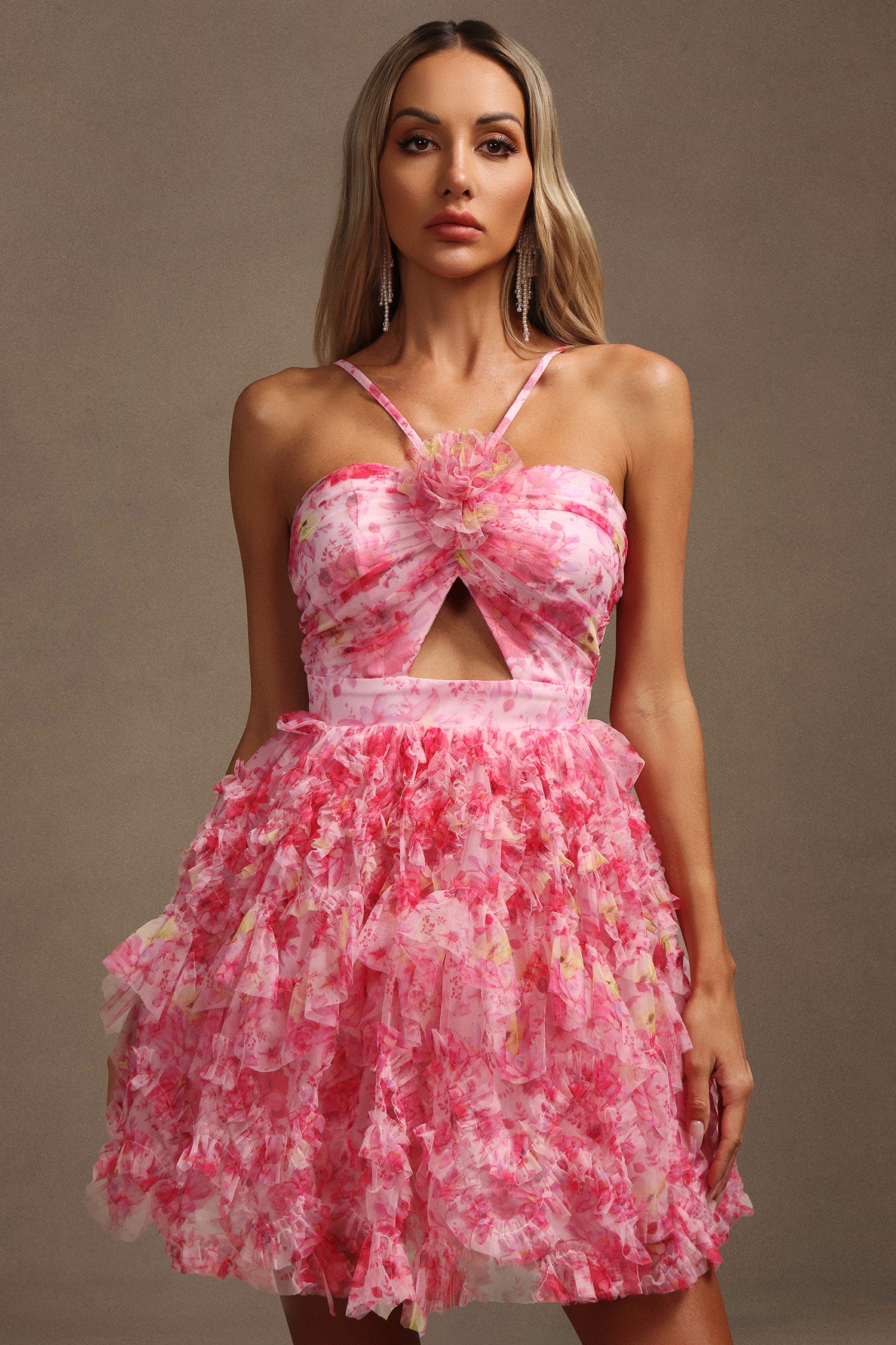 Daware Sleeveless Flower Printed Hollow Out Folds Mini Dress	