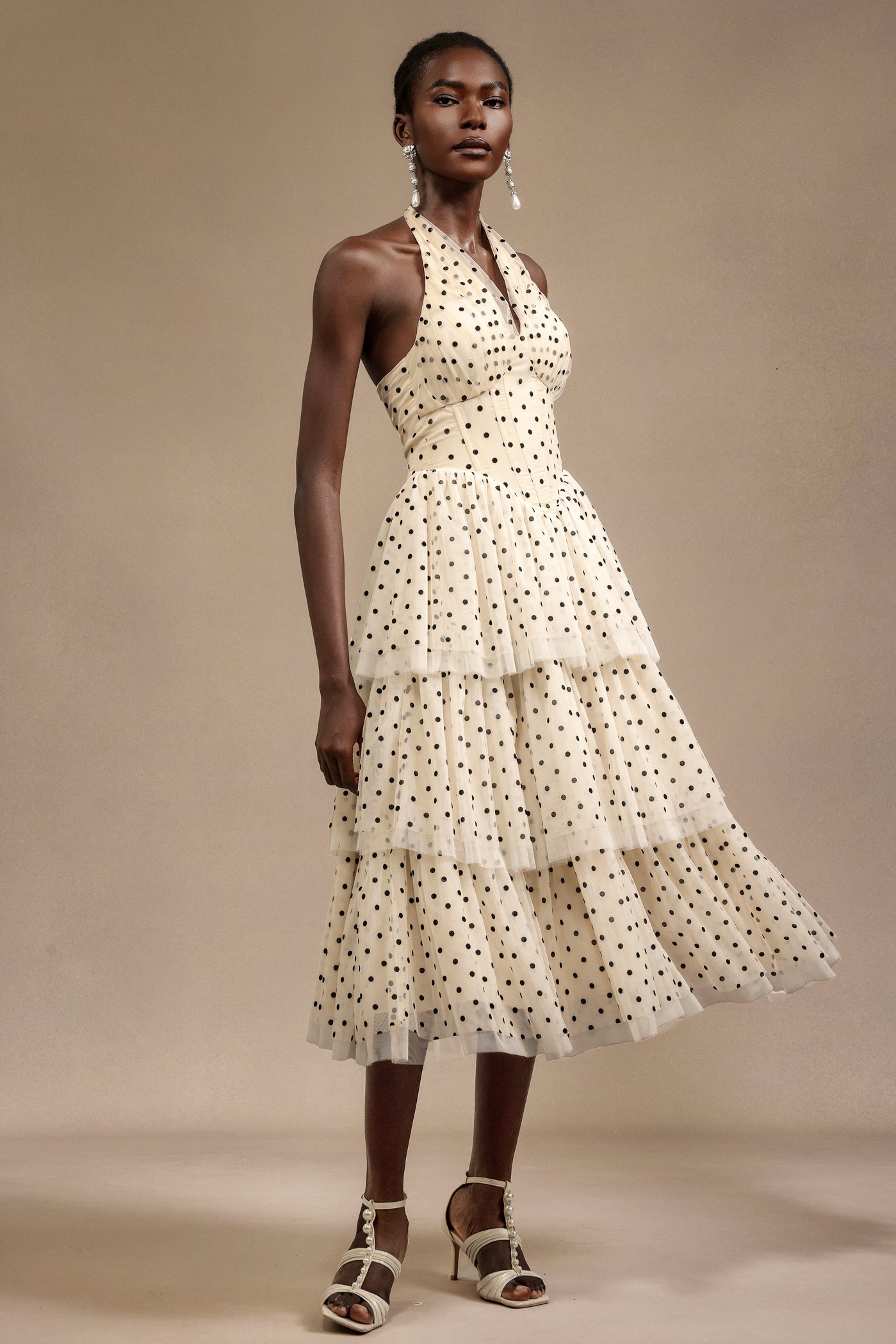 Julieta Sleeveless Dot Printed Layered Folds Midi Dress	