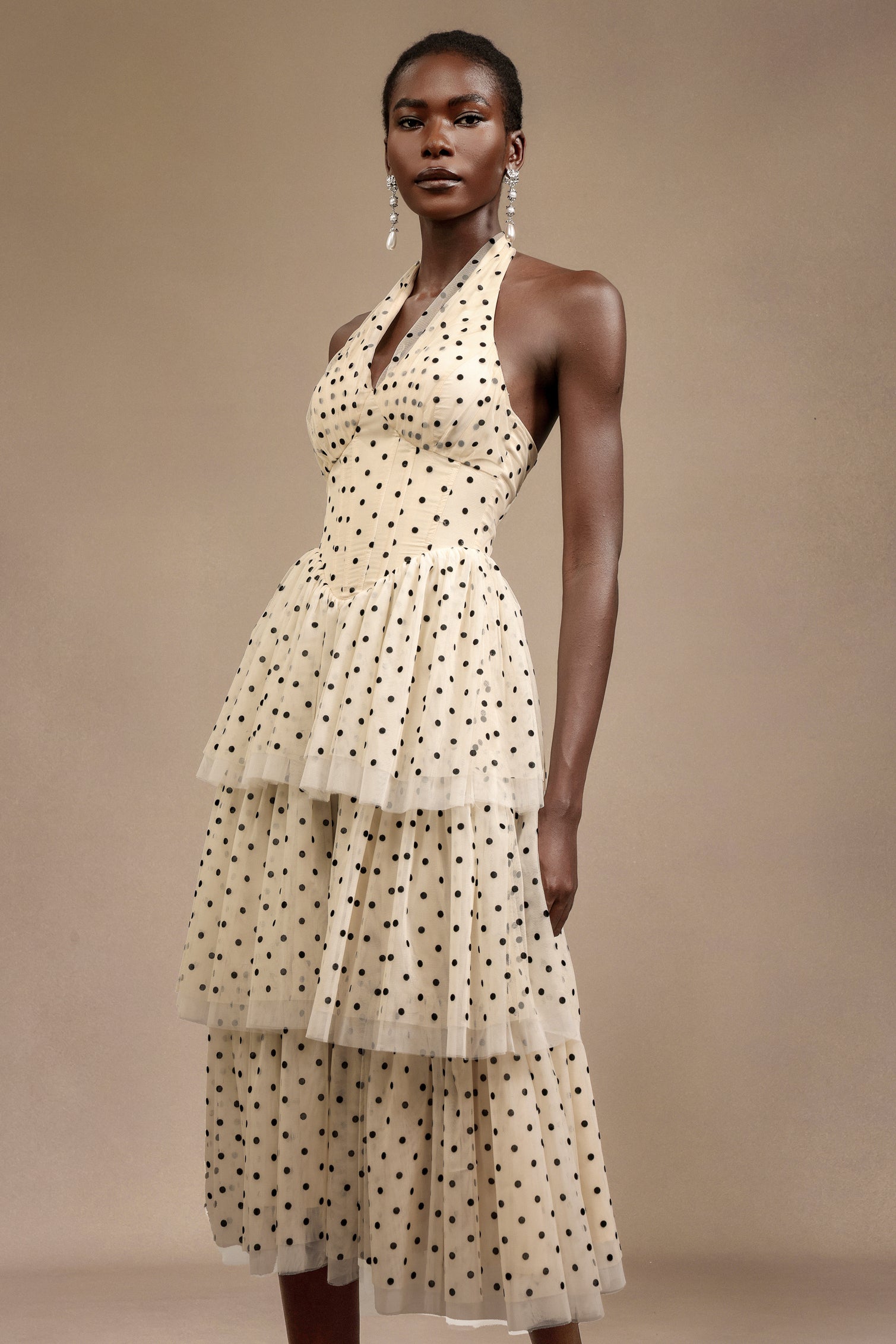 Julieta Sleeveless Dot Printed Layered Folds Midi Dress	