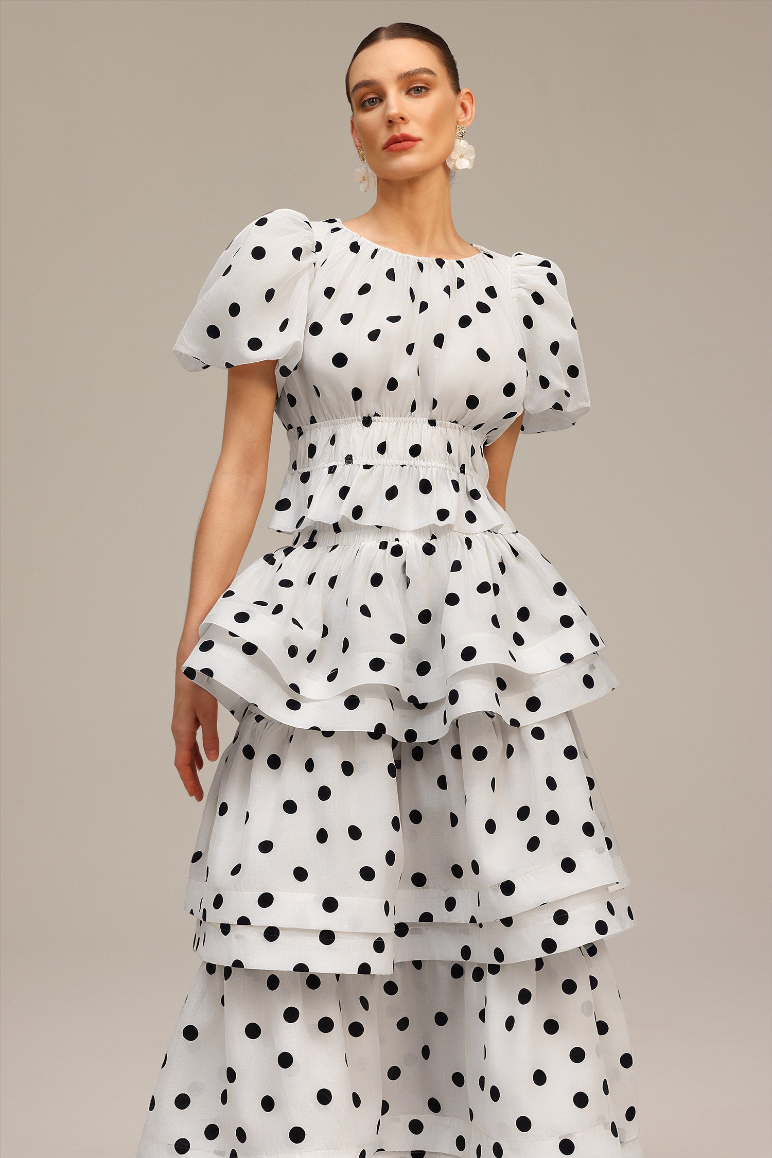 Nasim Puff Sleeves Dot Printed Top And Skirt Two-Piece Set	