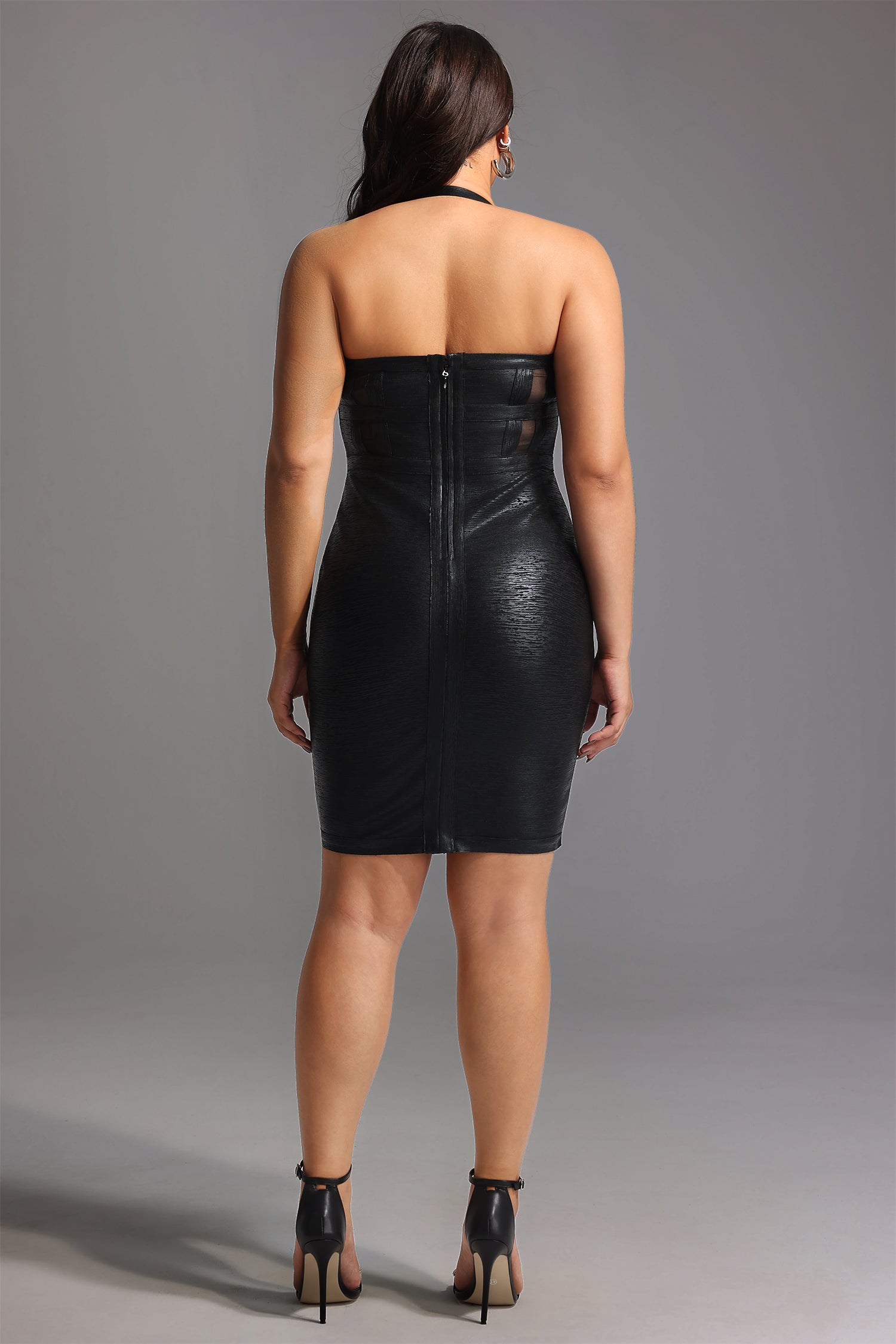 Halter Black Metallic Cocktail Dress - Black	