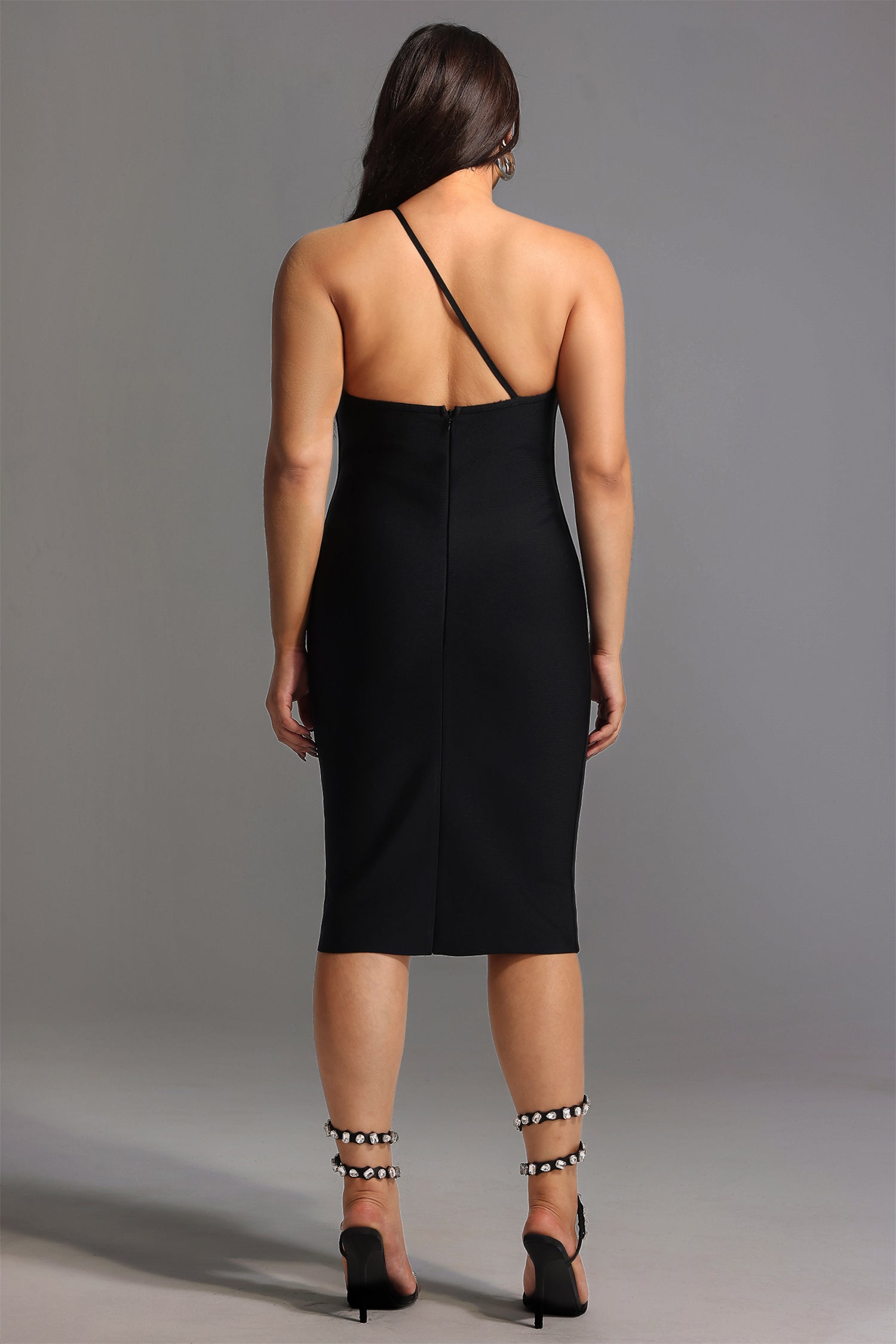 Janan One Shoulder Midi Cocktail Dress - Black	