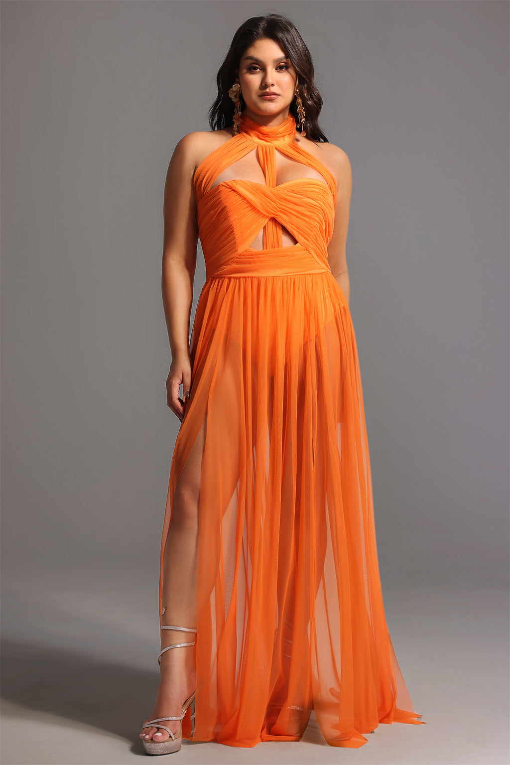 Rivka Halterneck Twist Mesh Maxi Dress	