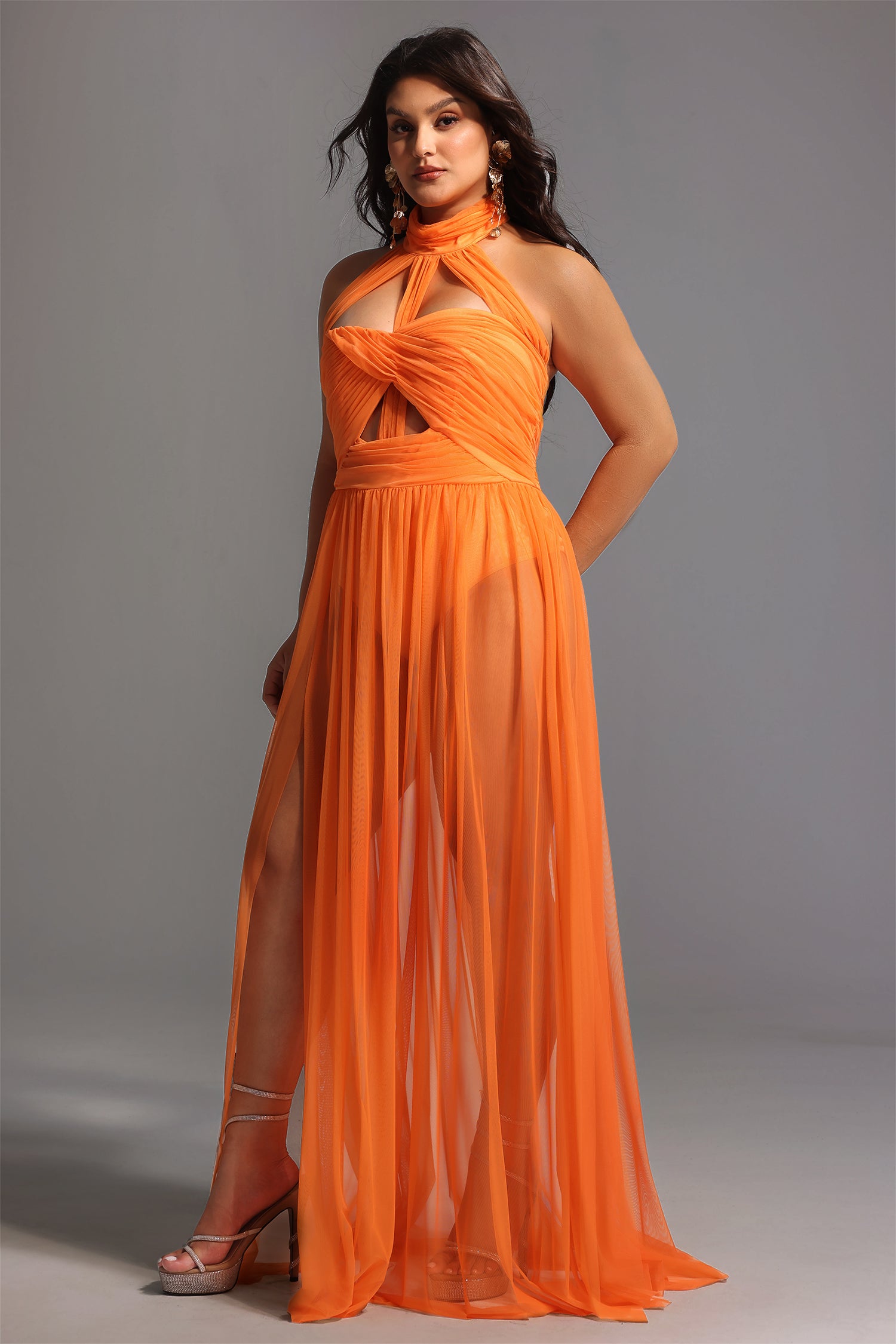 Rivka Halterneck Twist Mesh Maxi Dress	