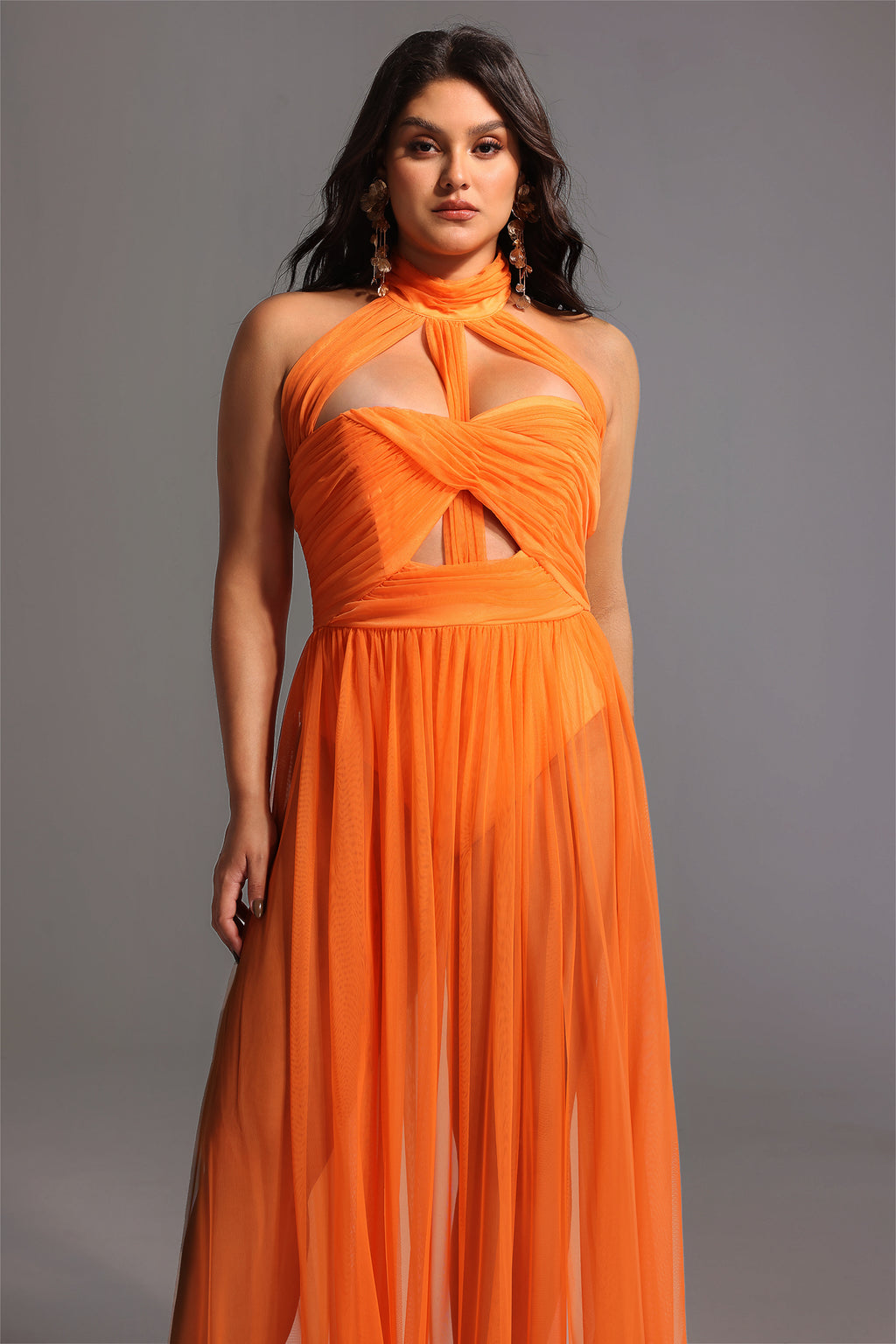 Rivka Halterneck Twist Mesh Maxi Dress	