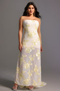 Deliyn Strapless Embroidery Flower Mesh Maxi Dress	