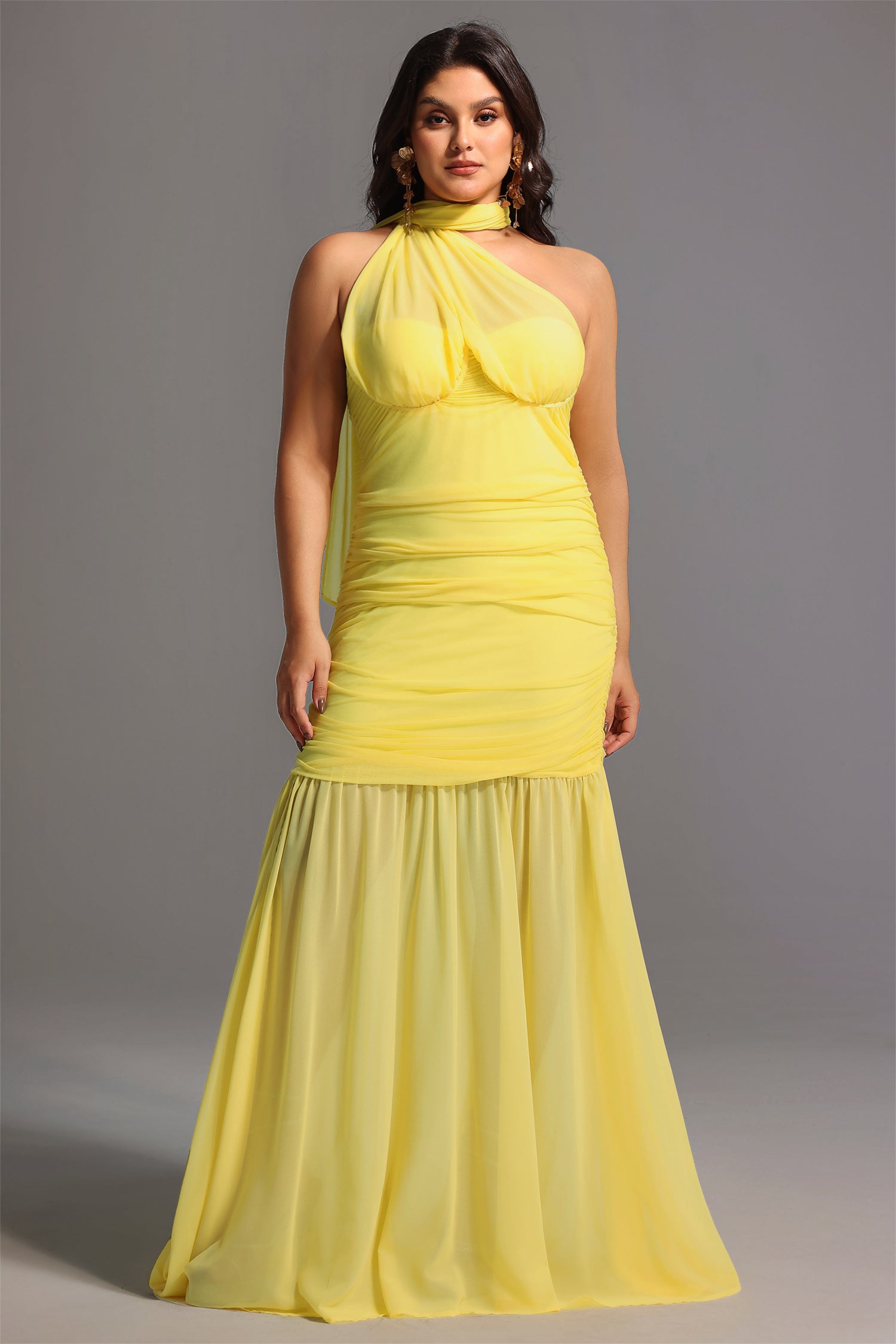 Ulasa Sleeveless Ruched Mesh Maxi Dress	
