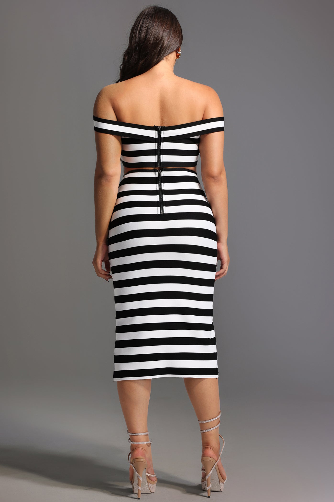 Martha Off-the-Shoulder Hollow Out Slit Bandage Midi Two-Piece Set	