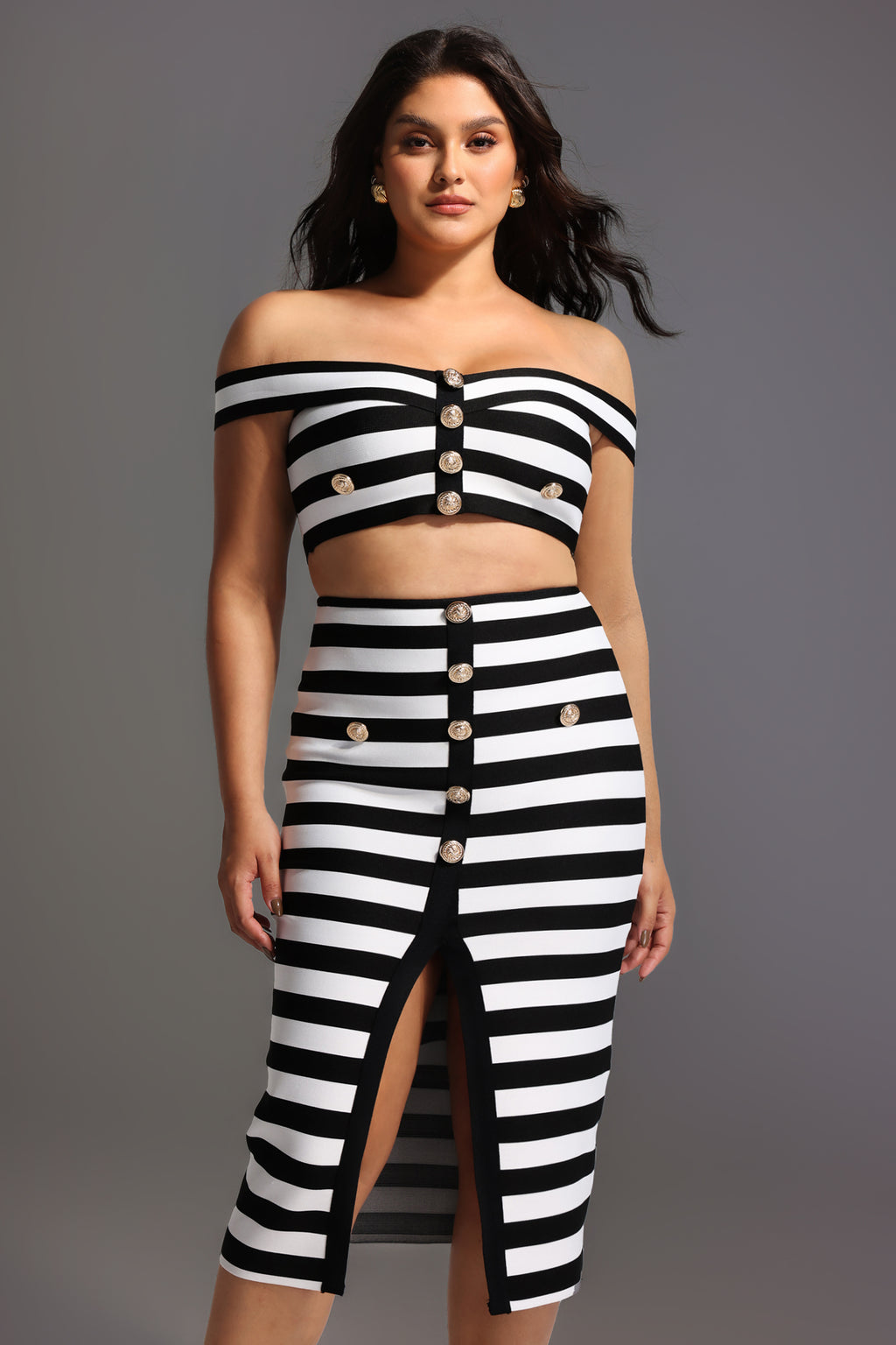 Martha Off-the-Shoulder Hollow Out Slit Bandage Midi Two-Piece Set	