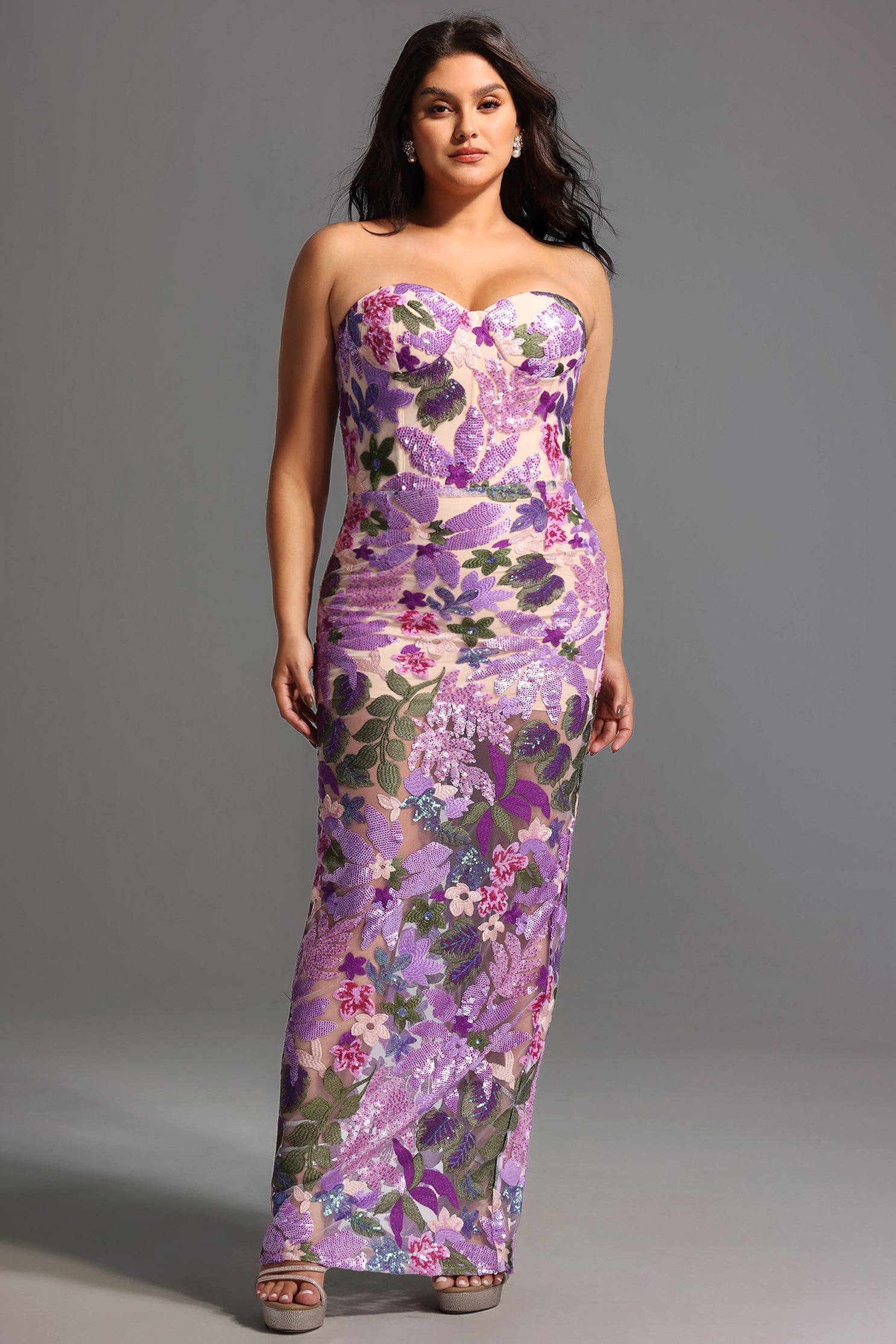 Eugenia Flower Sequins Strapless Mesh Dress - Purple	