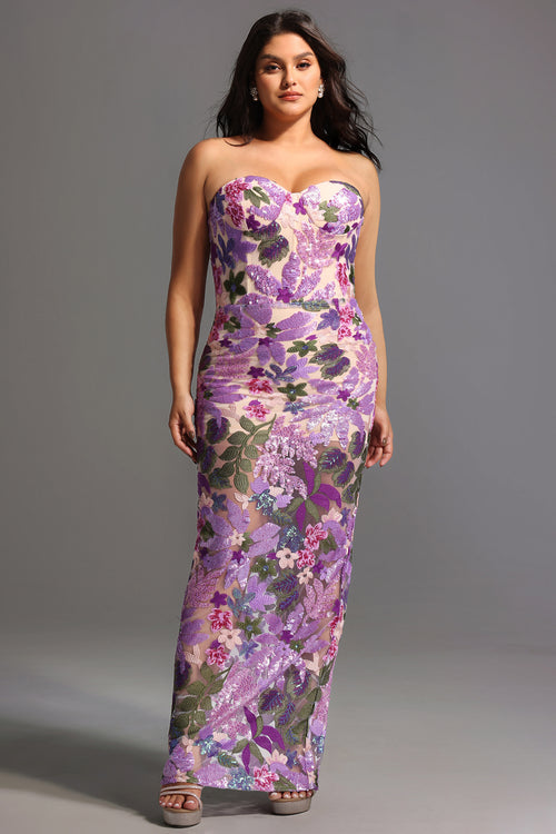 Eugenia Flower Sequins Strapless Mesh Dress - Purple	
