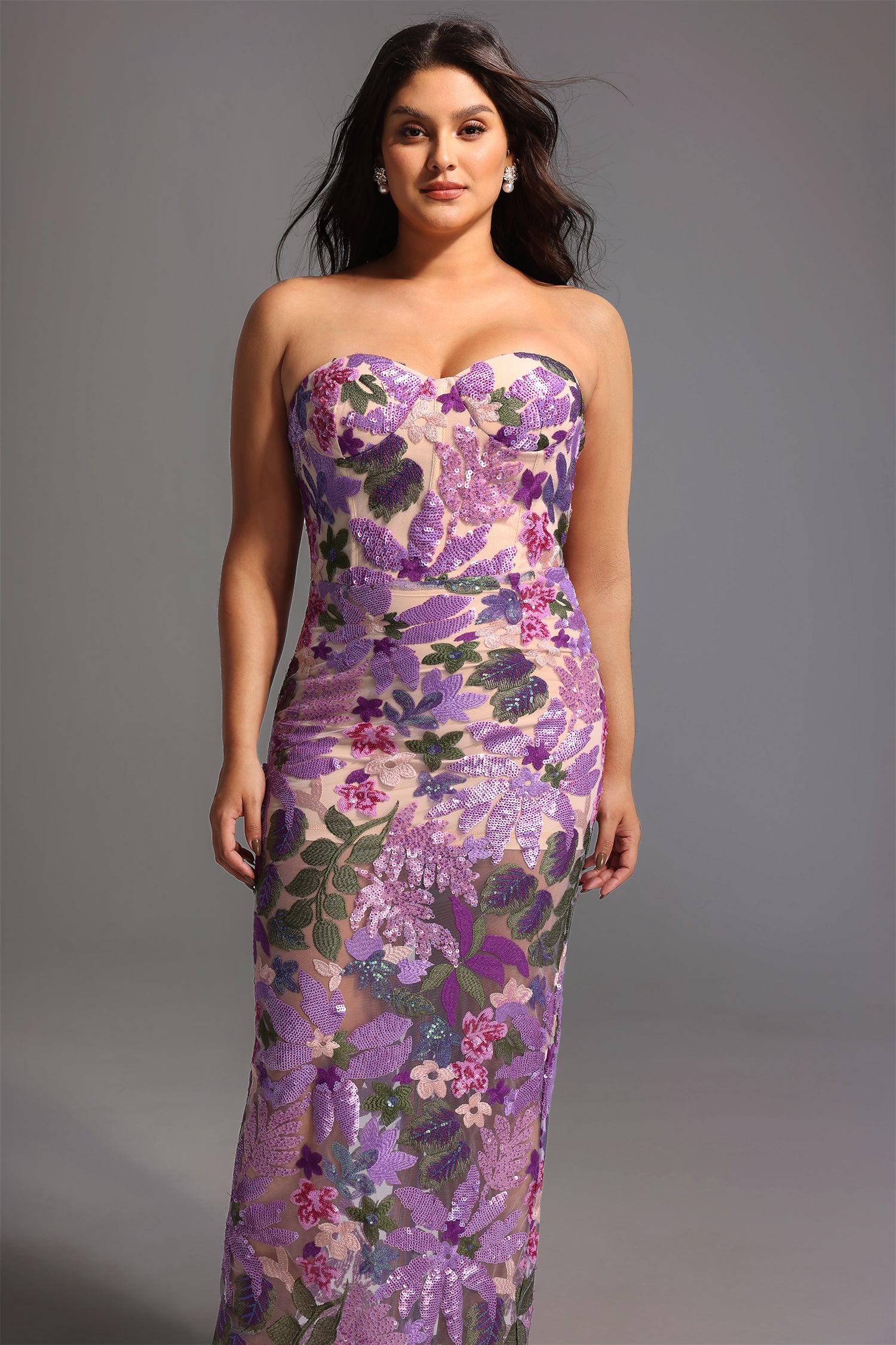 Eugenia Flower Sequins Strapless Mesh Dress - Purple	