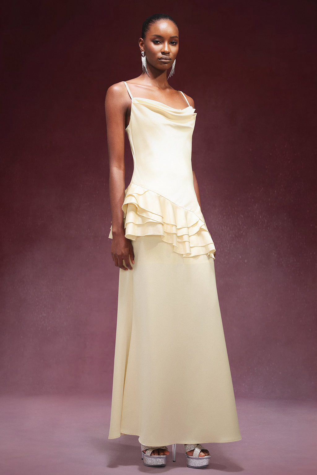 Gunnhild Sleeveless Falbala Satin Maxi Dress	