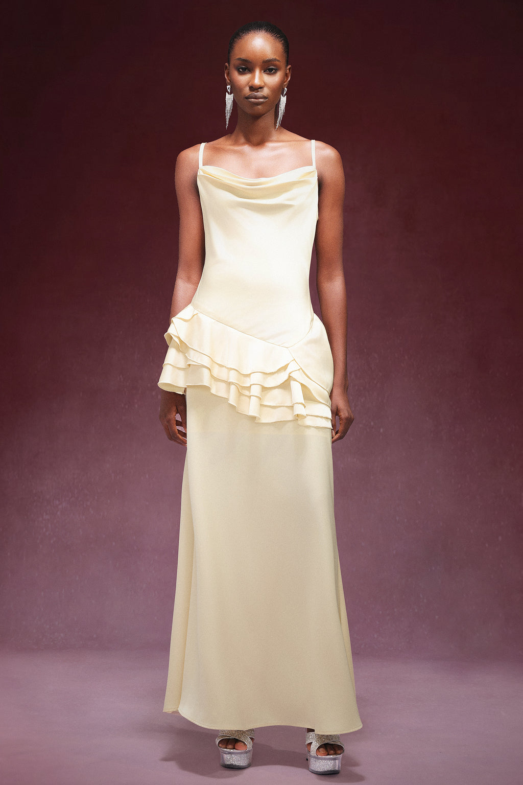 Gunnhild Sleeveless Falbala Satin Maxi Dress	