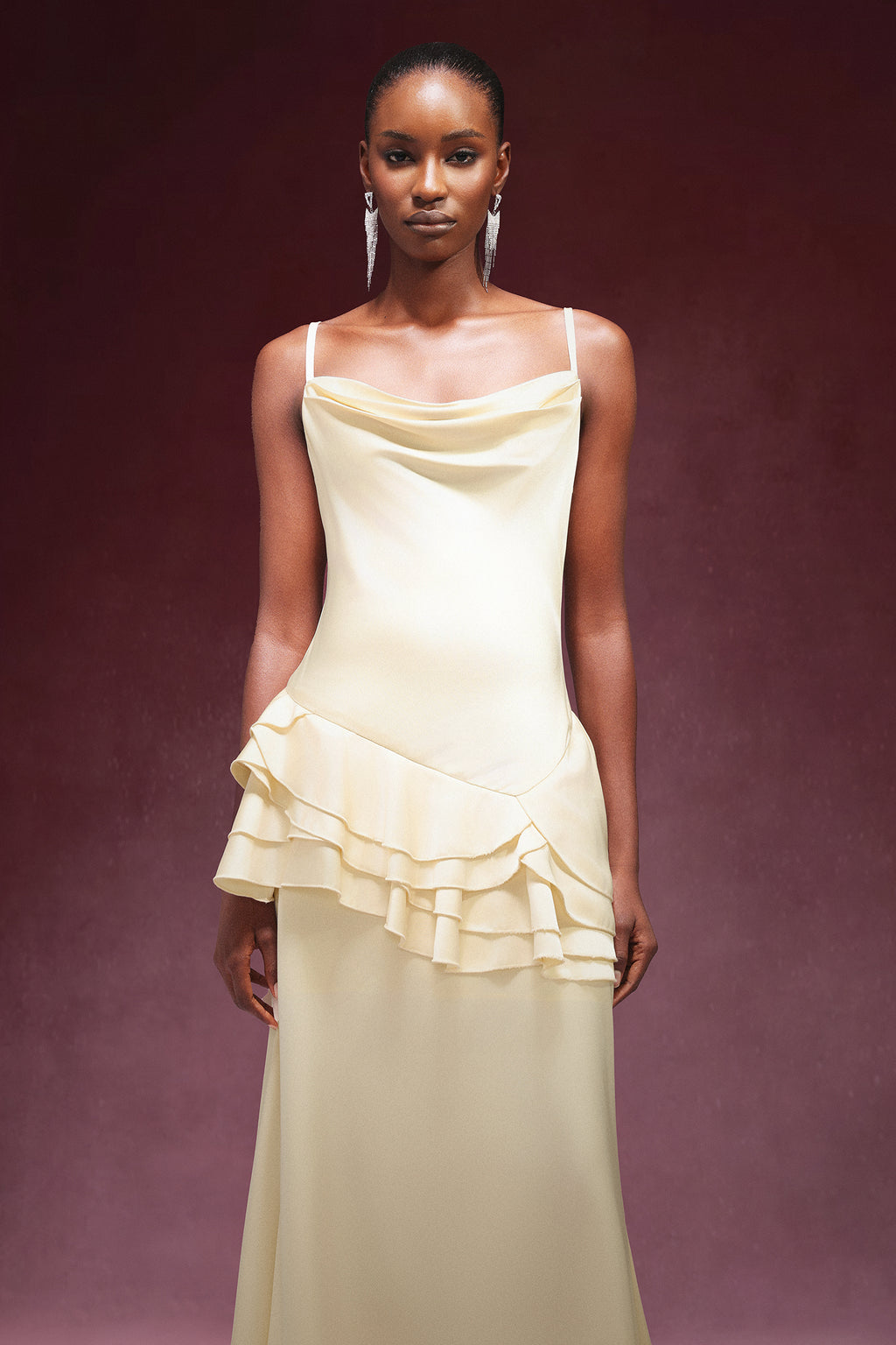 Gunnhild Sleeveless Falbala Satin Maxi Dress	
